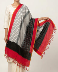 Crimson Red & Jet Black Geometric Sambalpuri Double Ikat Cotton Dupatta