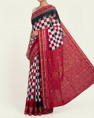Crimson Red & Jet Black Pasapalli Checkerboard Bichitrapuri Double Ikat Cotton Saree