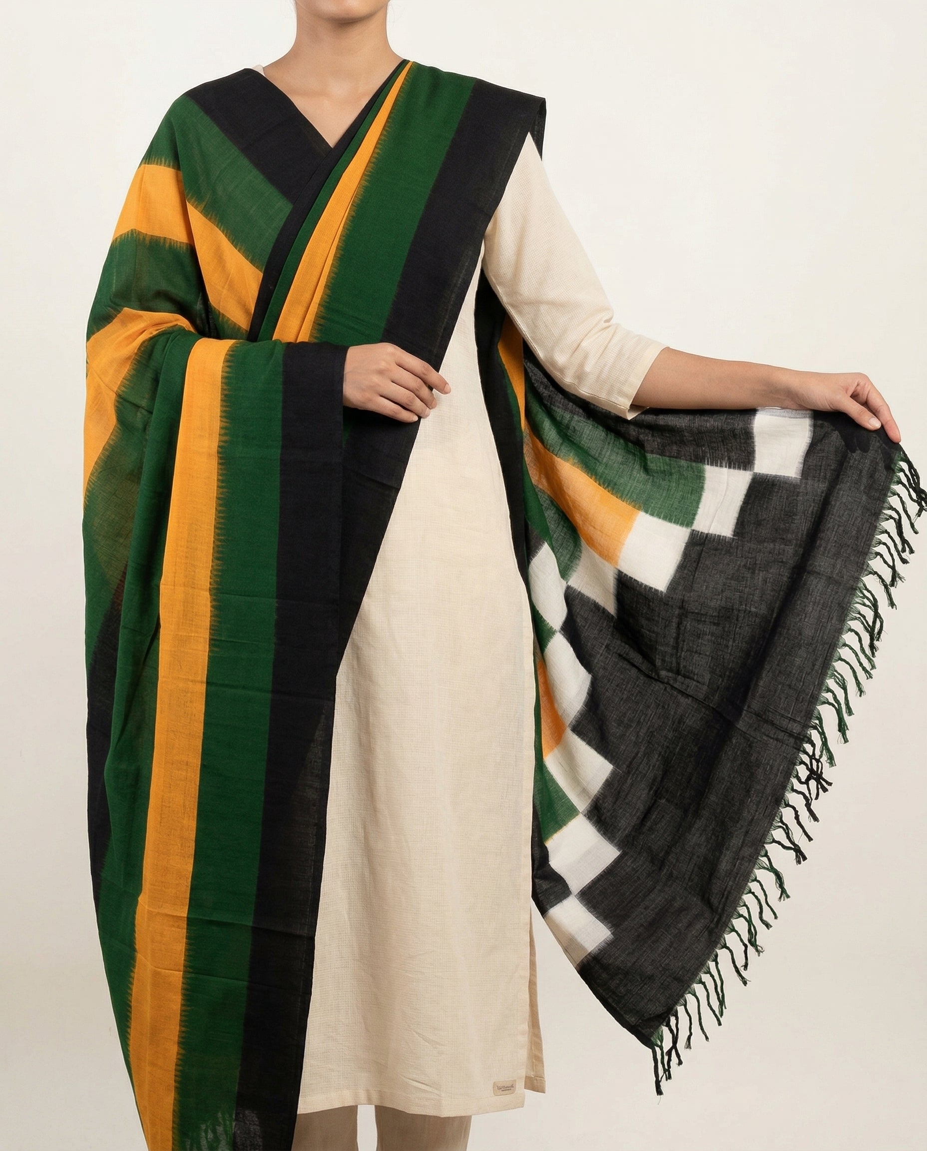 Black & Mustard Yellow Geometric Sambalpuri Single Ikat Cotton Dupatta