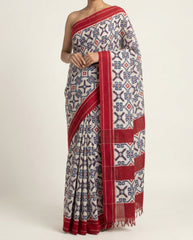 Off-White & Crimson Red Geometric Pochampally Double Ikat Cotton Saree