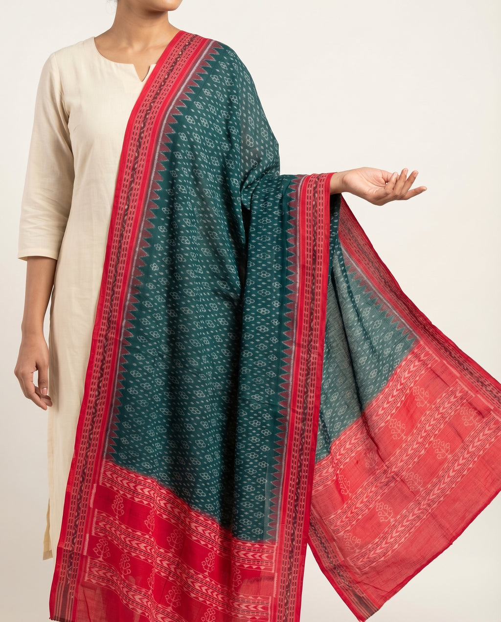 Teal Green & Crimson Red Floral Sambalpuri Single Ikat Cotton Dupatta