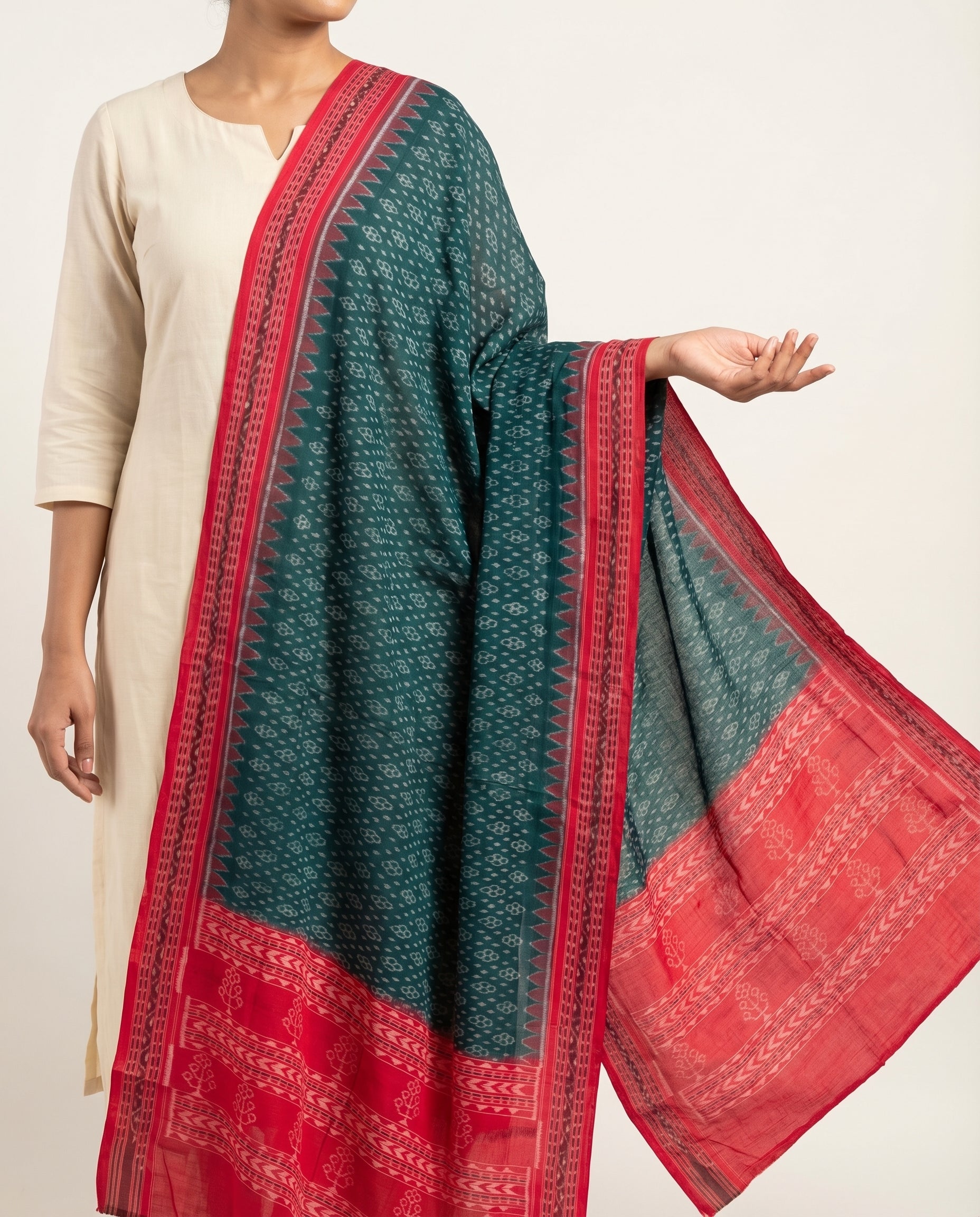 Teal Green & Crimson Red Floral Sambalpuri Single Ikat Cotton Dupatta