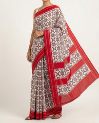 Off-White & Crimson Red Geometric Grid Telia Rumal Double Ikat Cotton Saree