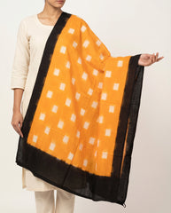 Marigold Orange & Jet Black Geometric Square Pochampally Single Ikat Cotton Dupatta