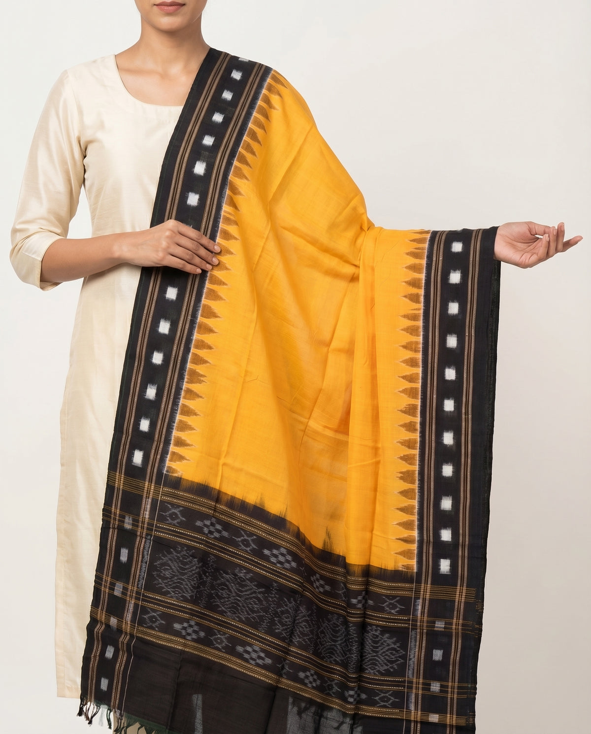 Mango Yellow & Jet Black Temple Border Sambalpuri Single Ikat Cotton Dupatta