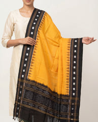 Mango Yellow & Jet Black Temple Border Sambalpuri Single Ikat Cotton Dupatta