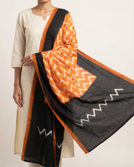 Pumpkin Orange & Coal Black Zigzag Pochampally Single Ikat Cotton Dupatta