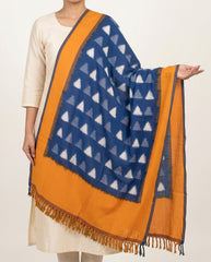 Ethnica Handloom Blue Ikat Triangle Cotton Shawl with Orange Border
