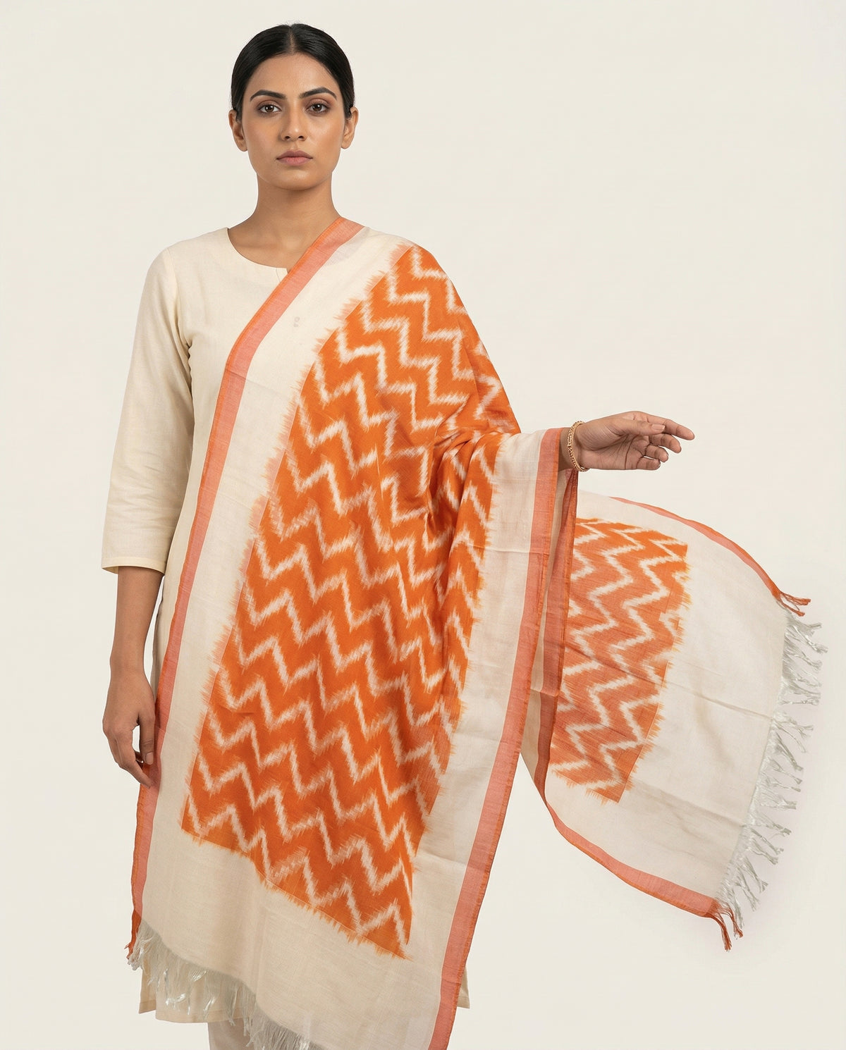 Ivory White & Rust Orange Zigzag Pochampally Single Ikat Cotton Dupatta