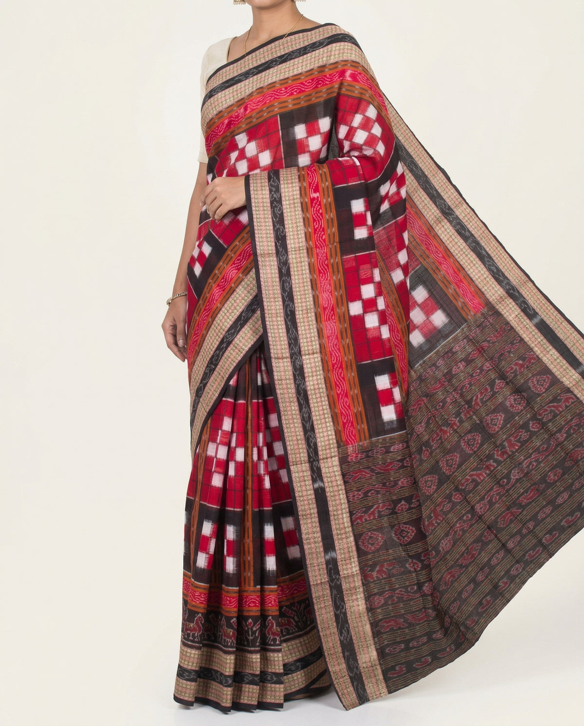 Crimson Red & Charcoal Black Pasapalli Checkerboard Sambalpuri Double Ikat Cotton Saree