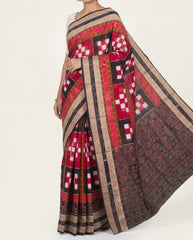 Crimson Red & Charcoal Black Pasapalli Checkerboard Sambalpuri Double Ikat Cotton Saree