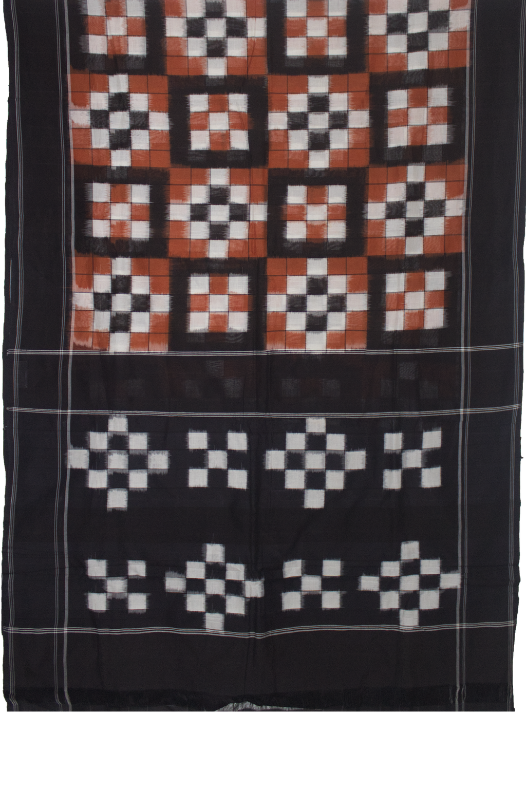 Ethnica Handwoven Ikat Checkered Cotton Saree - Black & Rust