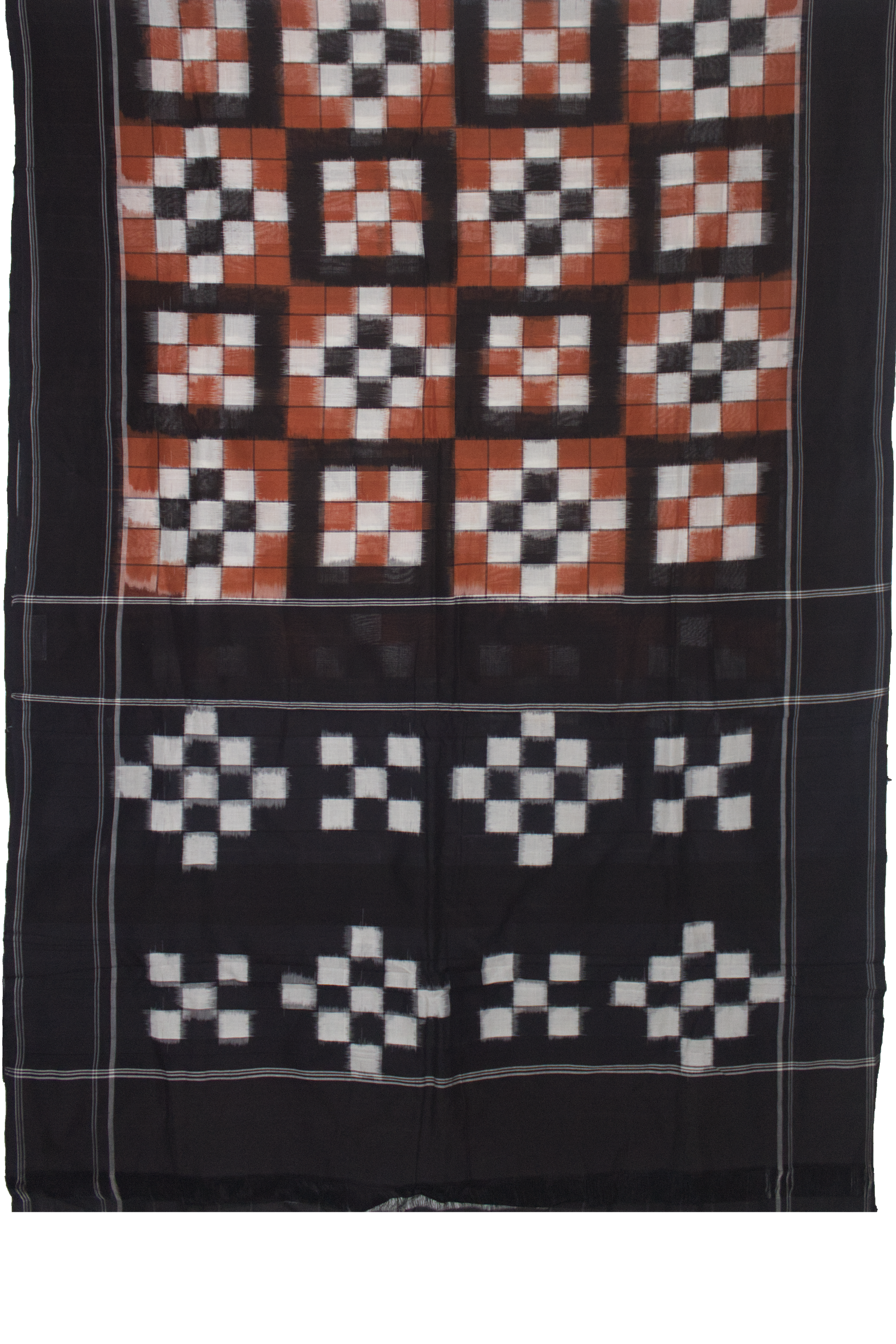 Ethnica Handwoven Ikat Checkered Cotton Saree - Black & Rust