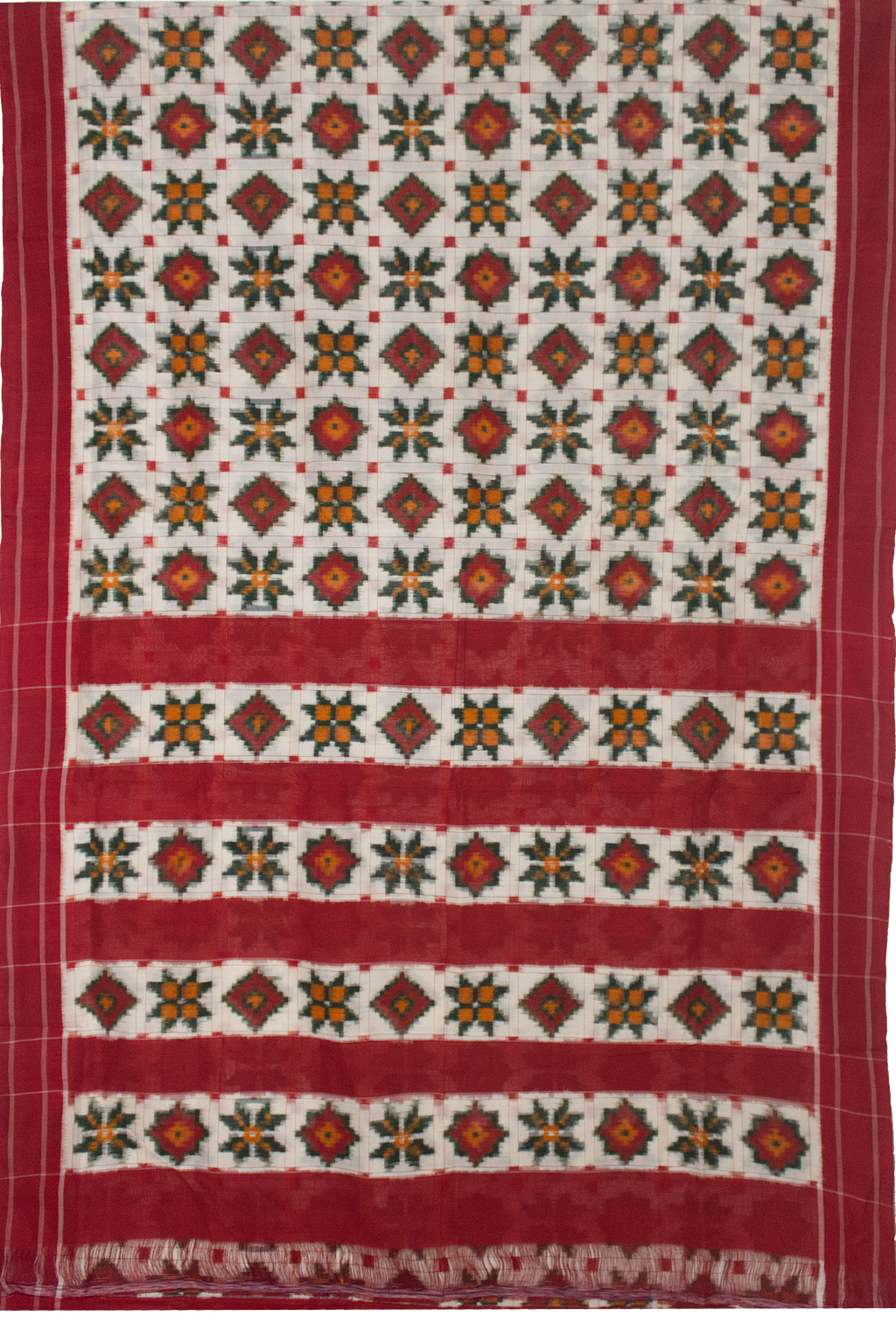 Off White & Crimson Red Floral Grid Telia Rumal Double Ikat Cotton Saree