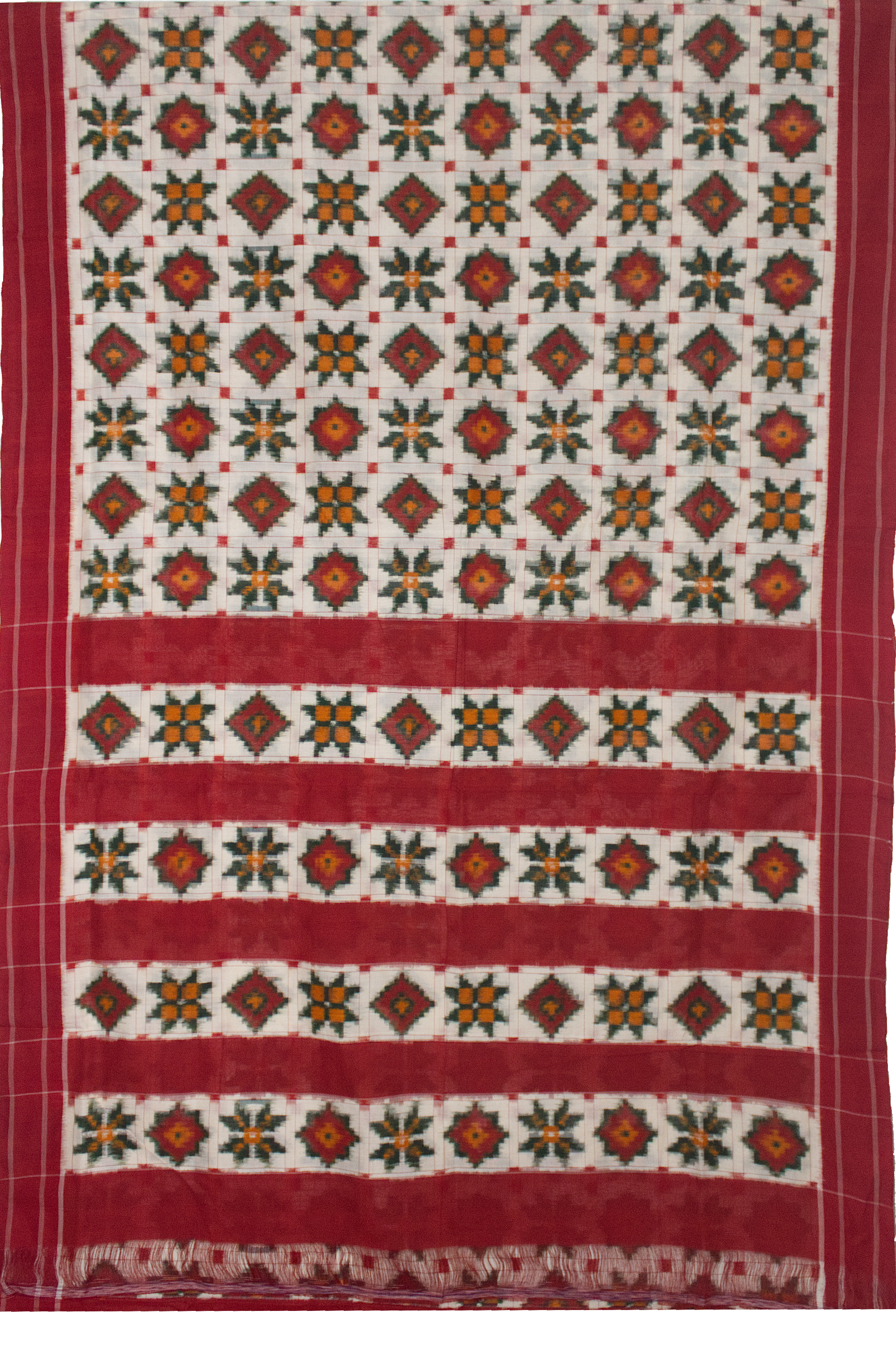 Off White & Crimson Red Floral Grid Telia Rumal Double Ikat Cotton Saree