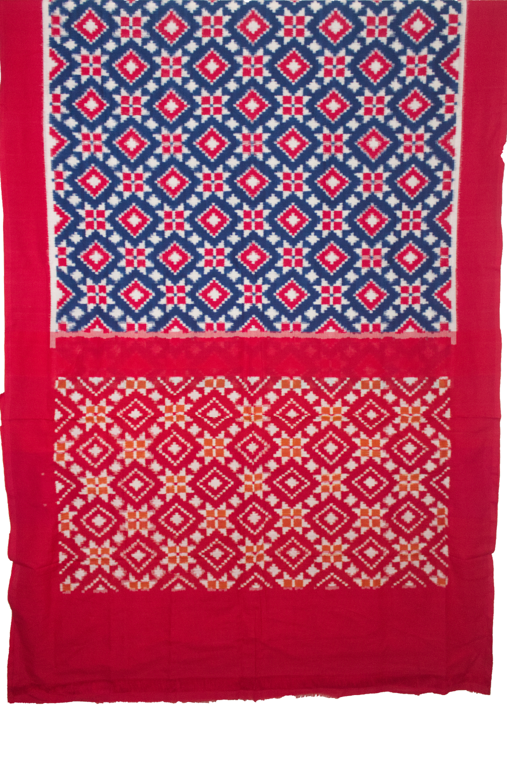 Indigo Blue & Crimson Red Geometric Pochampally Double Ikat Cotton Saree