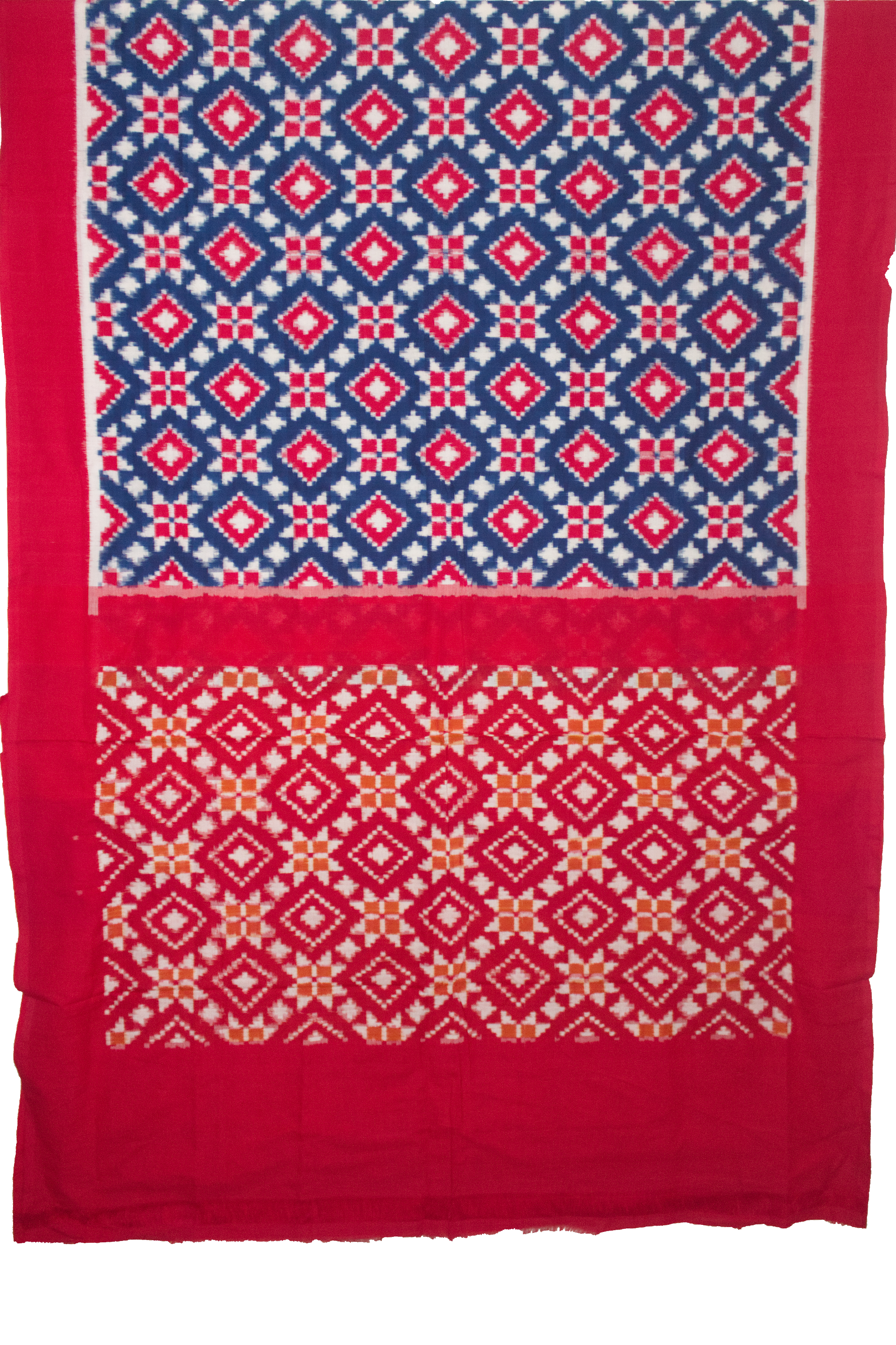 Indigo Blue & Crimson Red Geometric Pochampally Double Ikat Cotton Saree