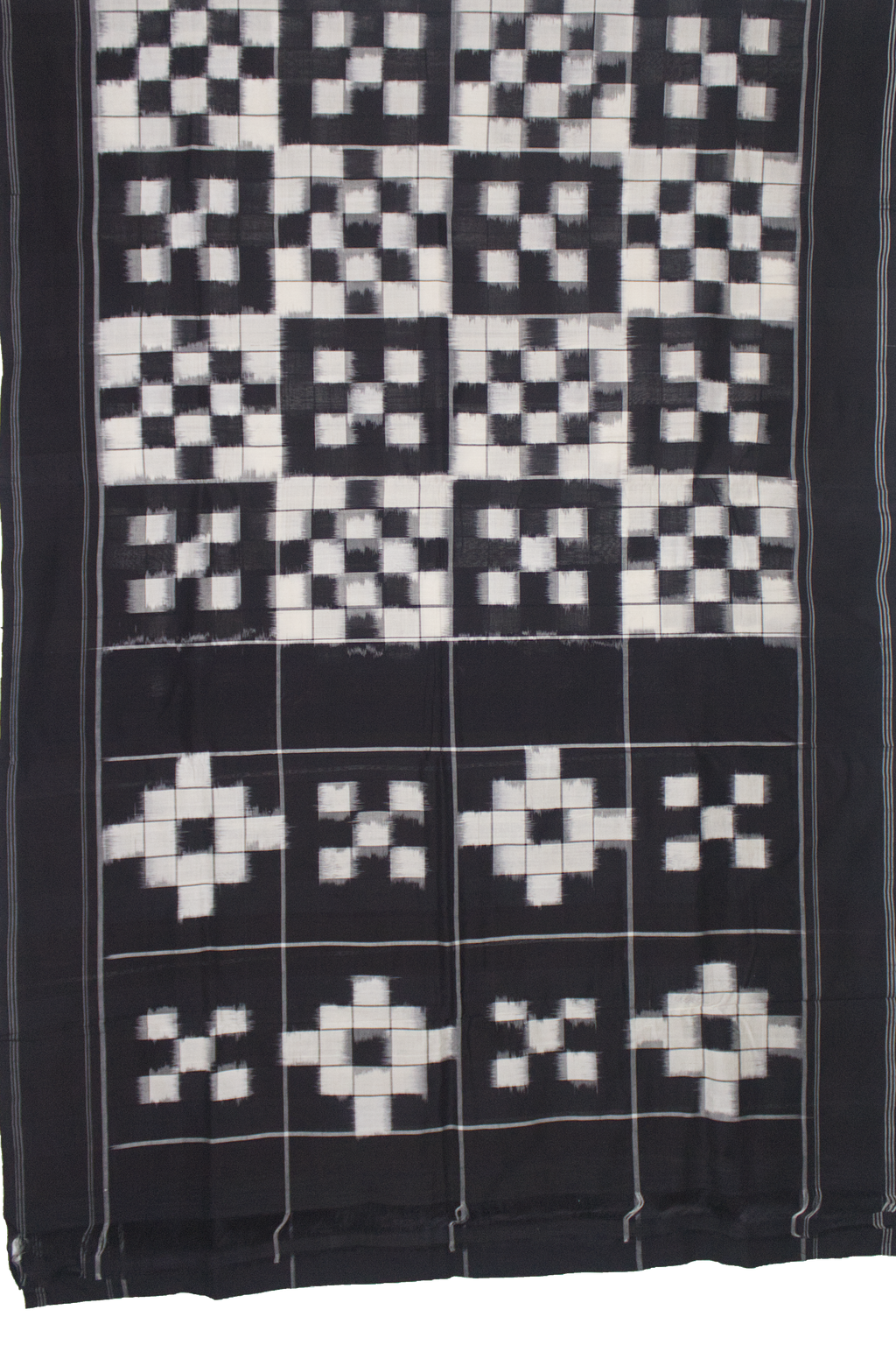 Midnight Black & Ivory White Grid Telia Rumal Double Ikat Cotton Saree