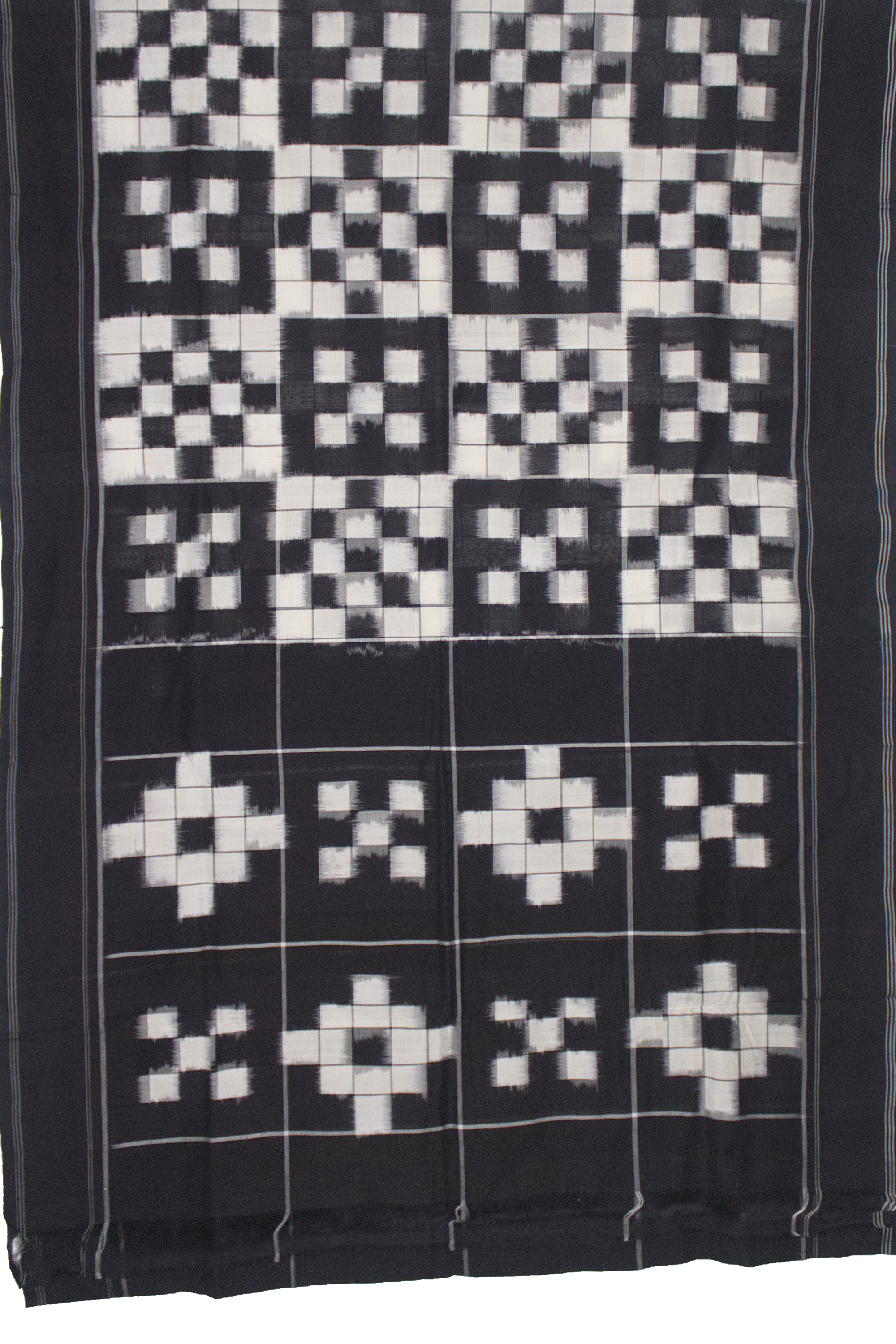 Midnight Black & Ivory White Grid Telia Rumal Double Ikat Cotton Saree