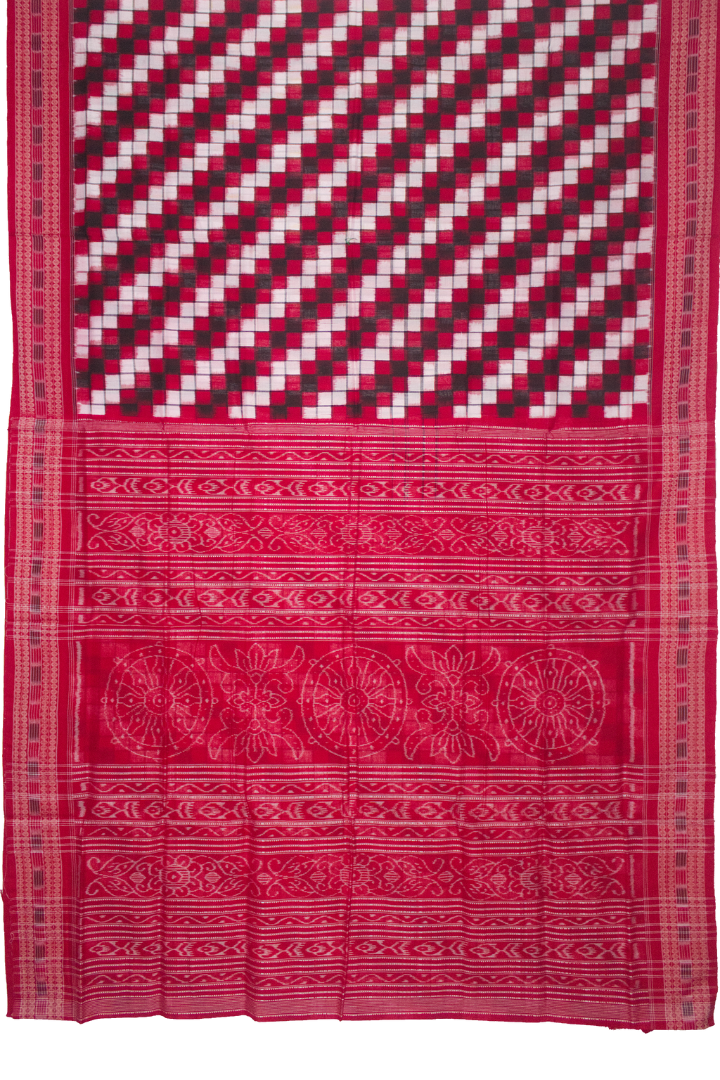 Ethnica Red & Black Checkered Ikat Handloom Saree