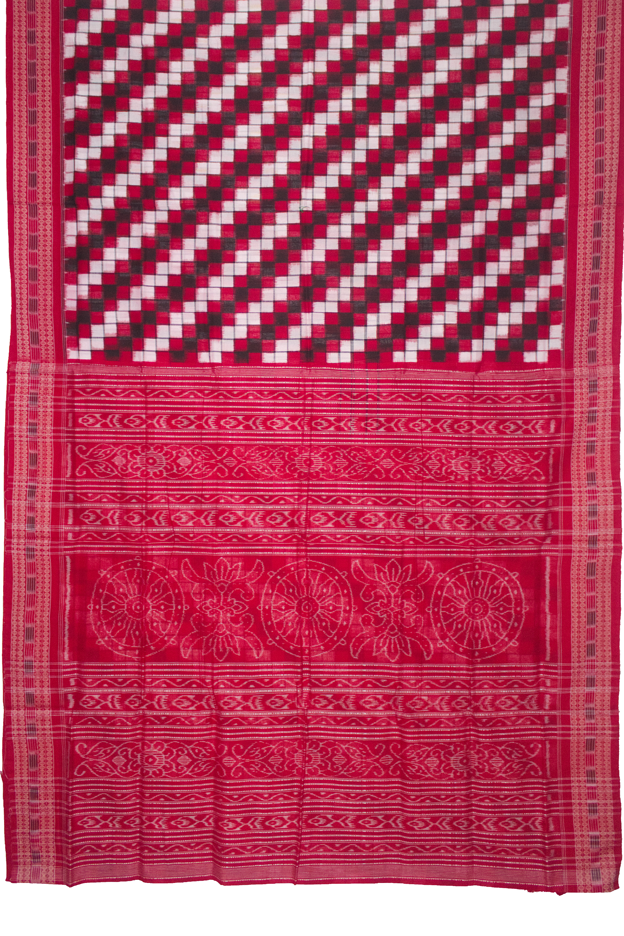 Ethnica Red & Black Checkered Ikat Handloom Saree