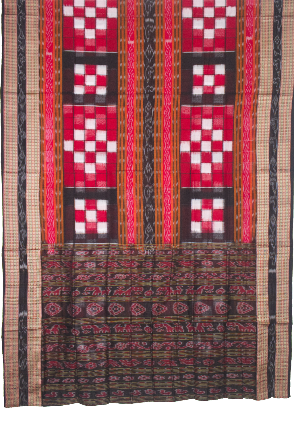 Crimson Red & Charcoal Black Pasapalli Checkerboard Sambalpuri Double Ikat Cotton Saree