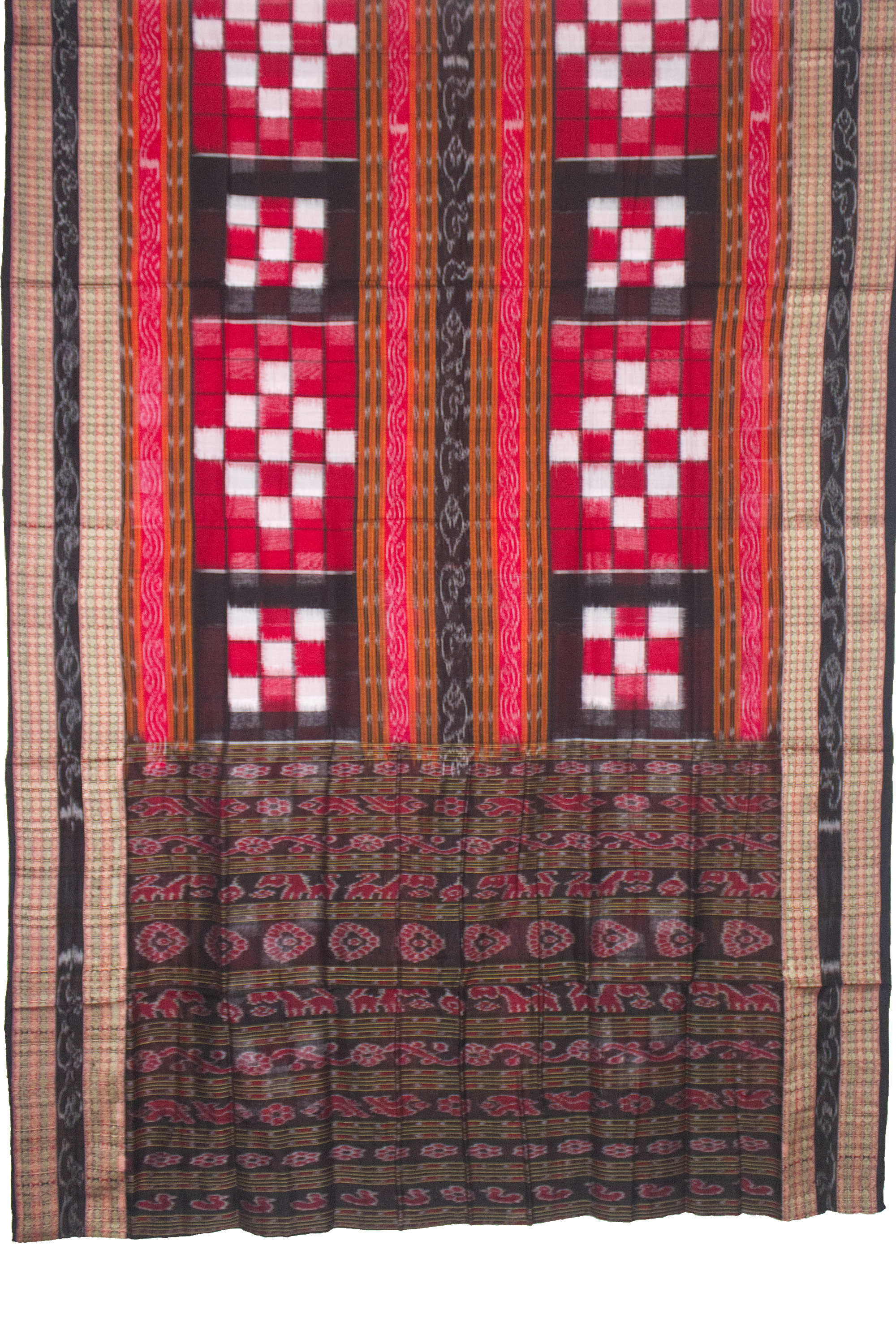 Crimson Red & Charcoal Black Pasapalli Checkerboard Sambalpuri Double Ikat Cotton Saree