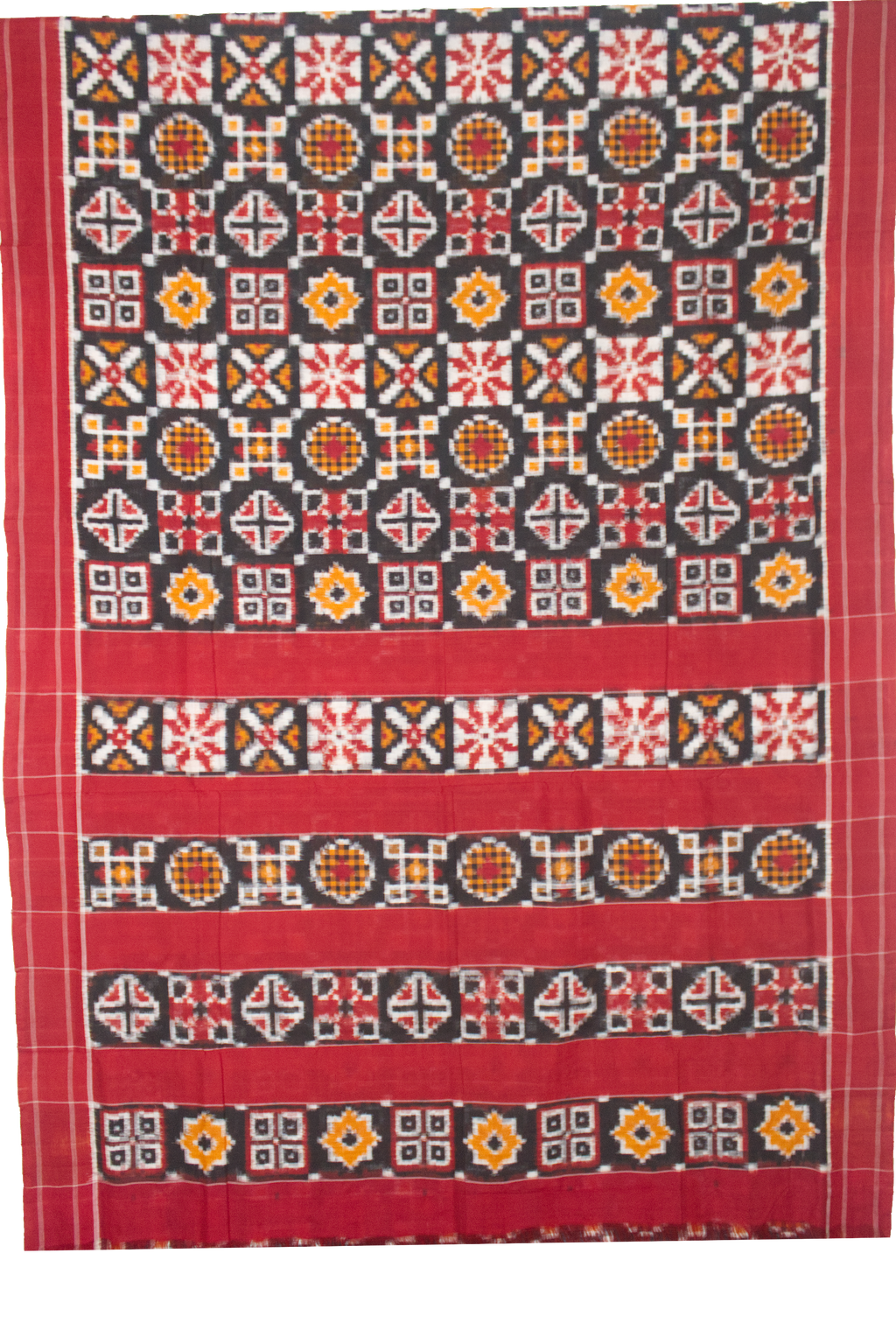 Charcoal Black & Madder Red Geometric Sambalpuri Double Ikat Cotton Saree
