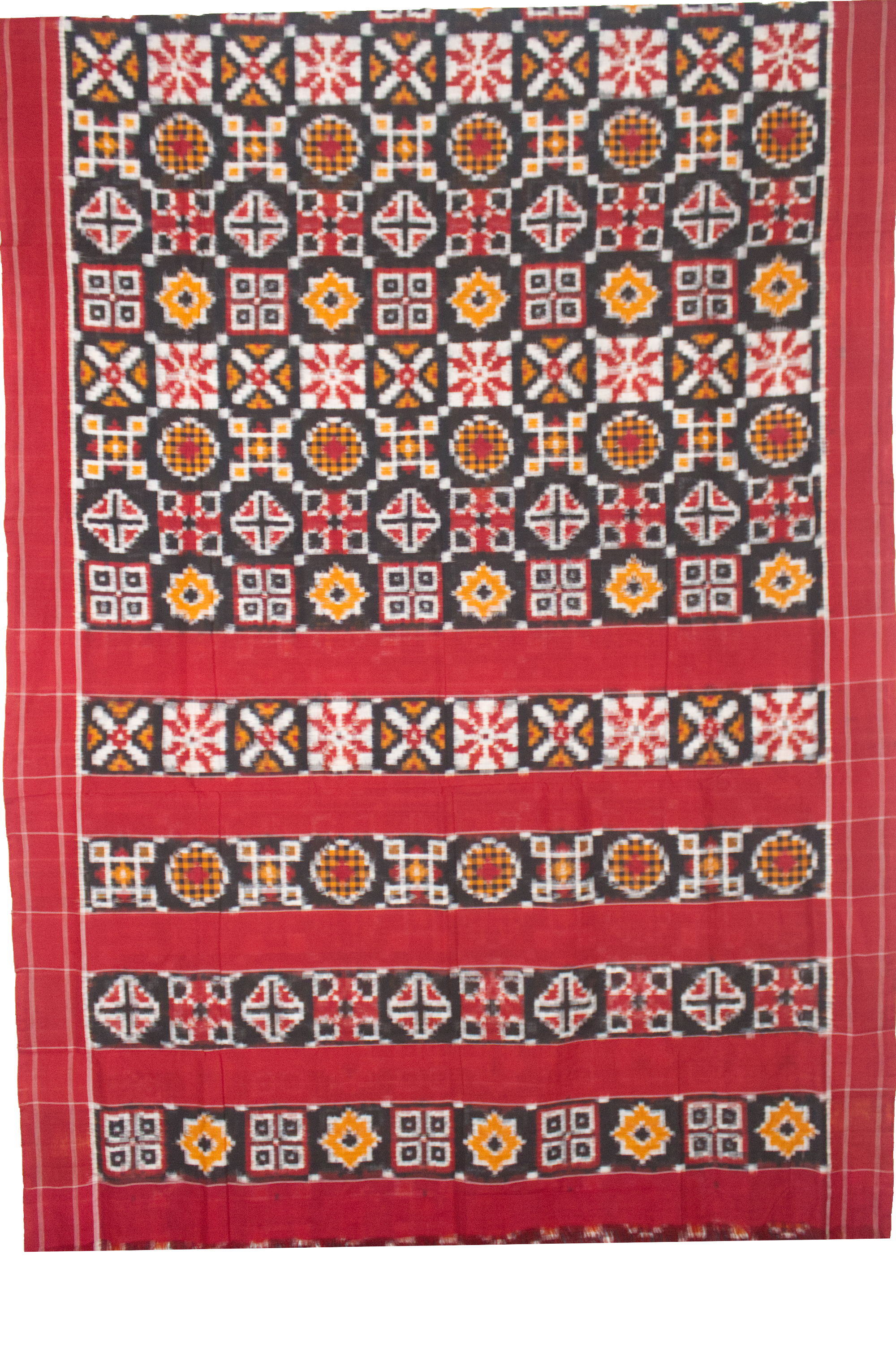 Charcoal Black & Madder Red Geometric Sambalpuri Double Ikat Cotton Saree