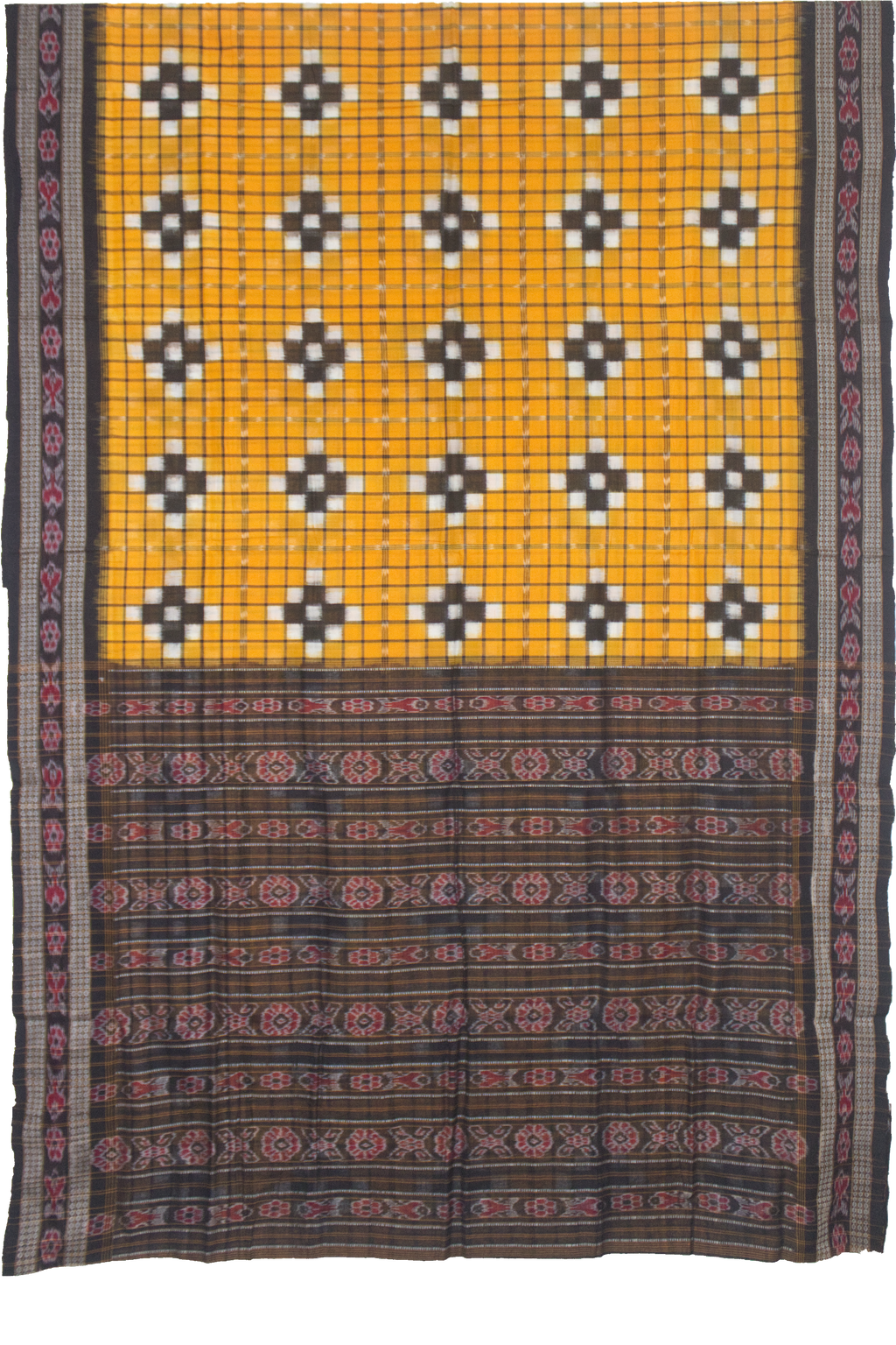 Mustard Yellow & Charcoal Black Grid Motif Sambalpuri Double Ikat Cotton Saree