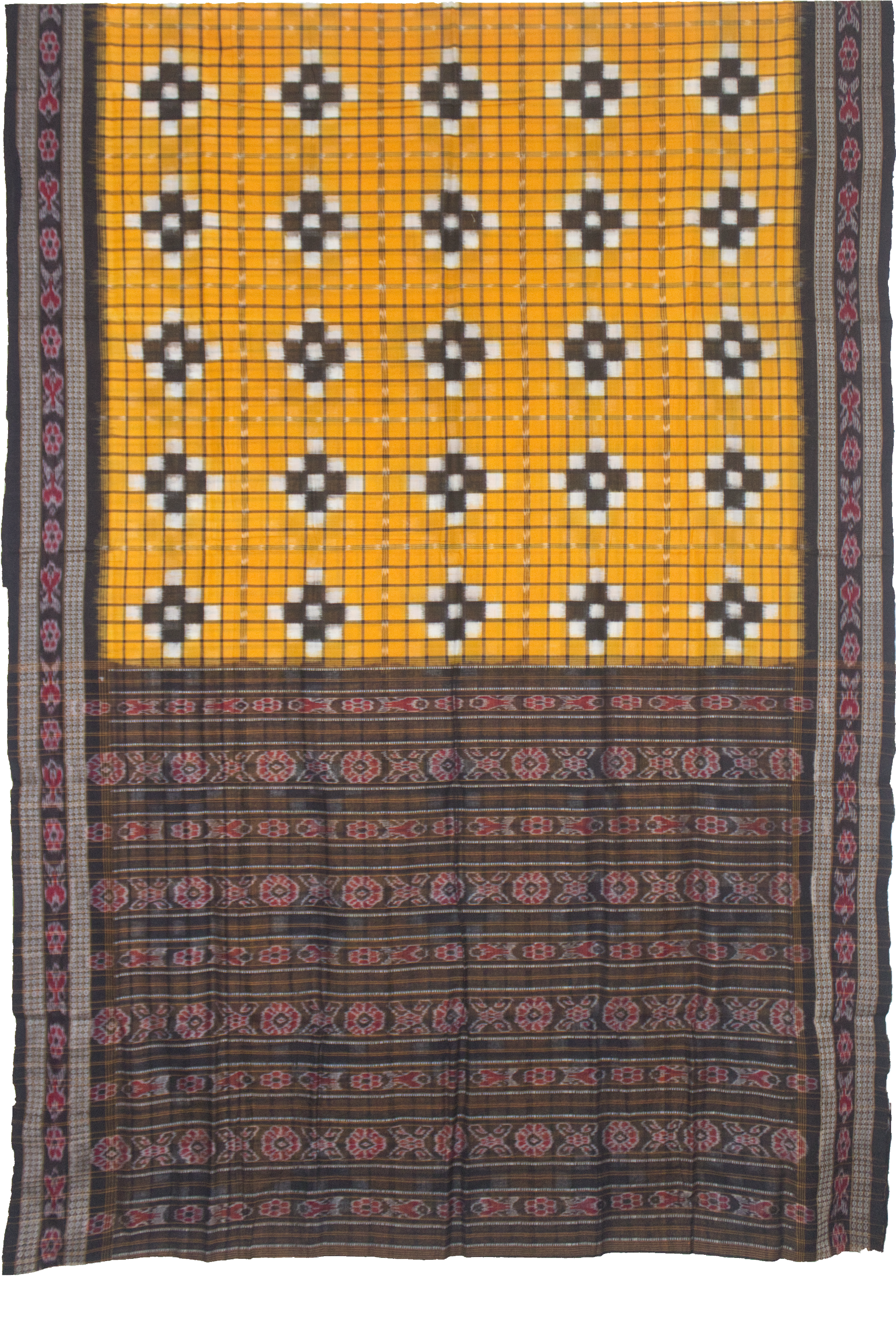Mustard Yellow & Charcoal Black Grid Motif Sambalpuri Double Ikat Cotton Saree