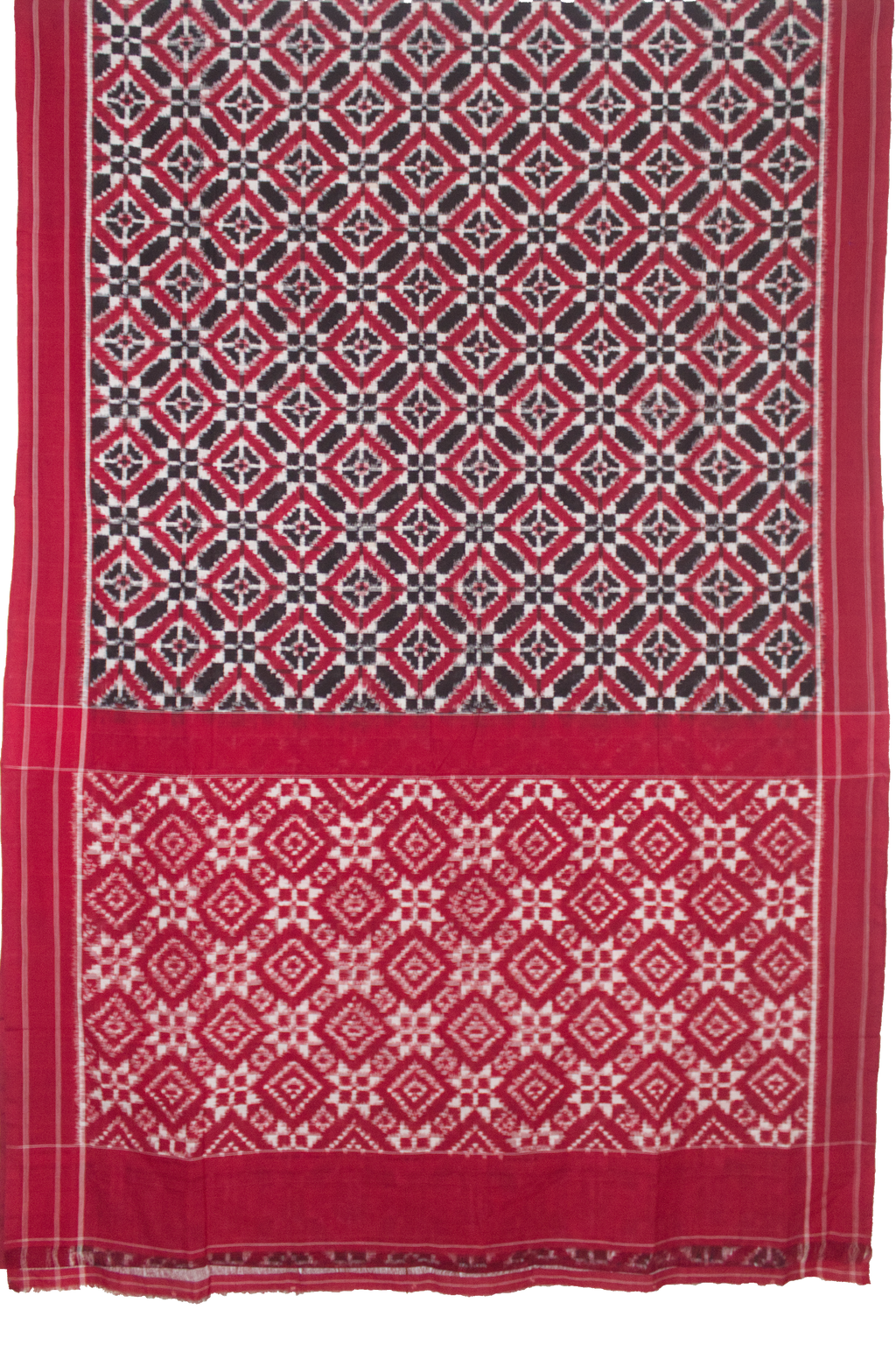 Crimson Red & Jet Black Geometric Grid Telia Rumal Double Ikat Cotton Saree