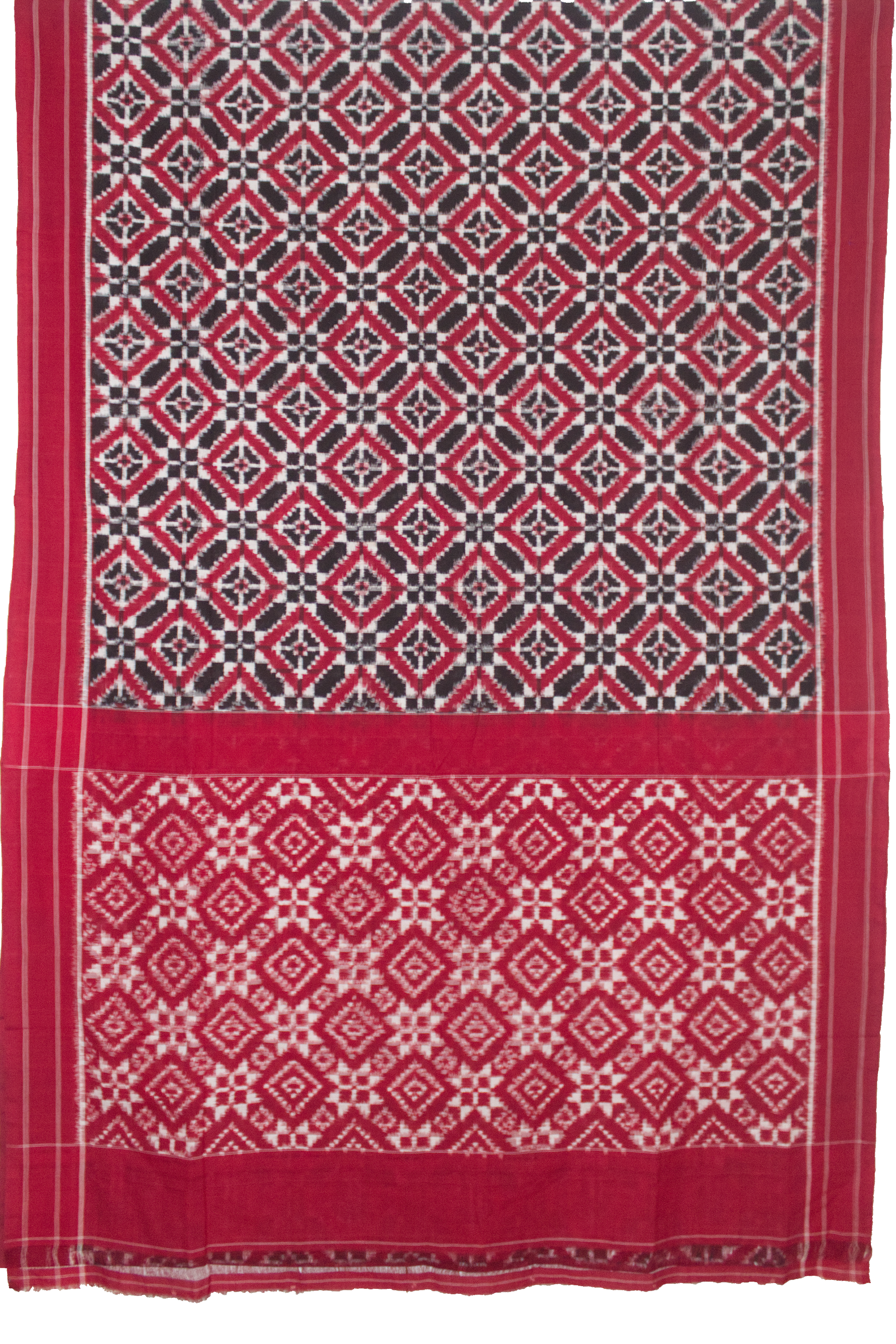 Crimson Red & Jet Black Geometric Grid Telia Rumal Double Ikat Cotton Saree