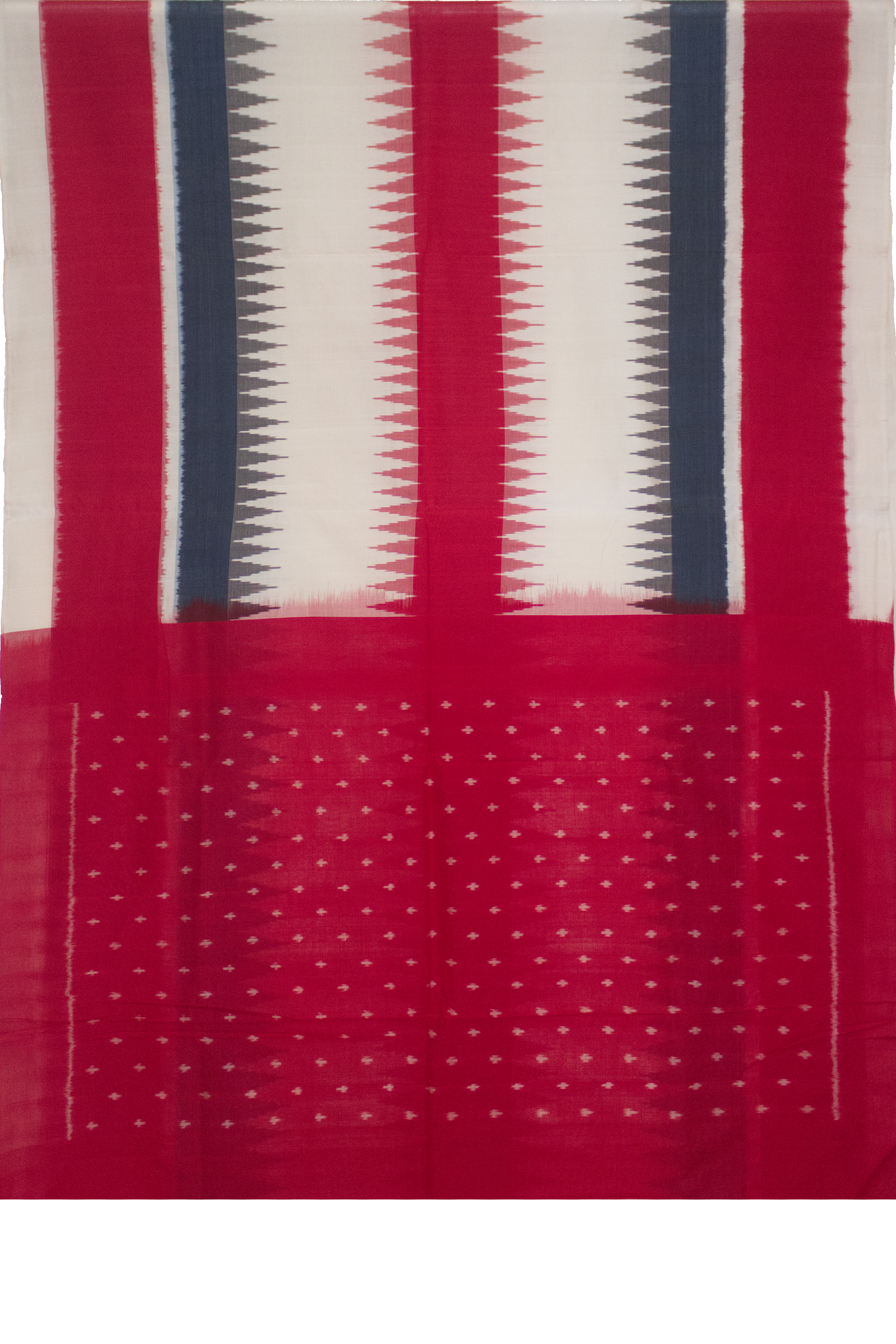 Crimson Red & Off-White Geometric Striped Sambalpuri Single Ikat Cotton Saree