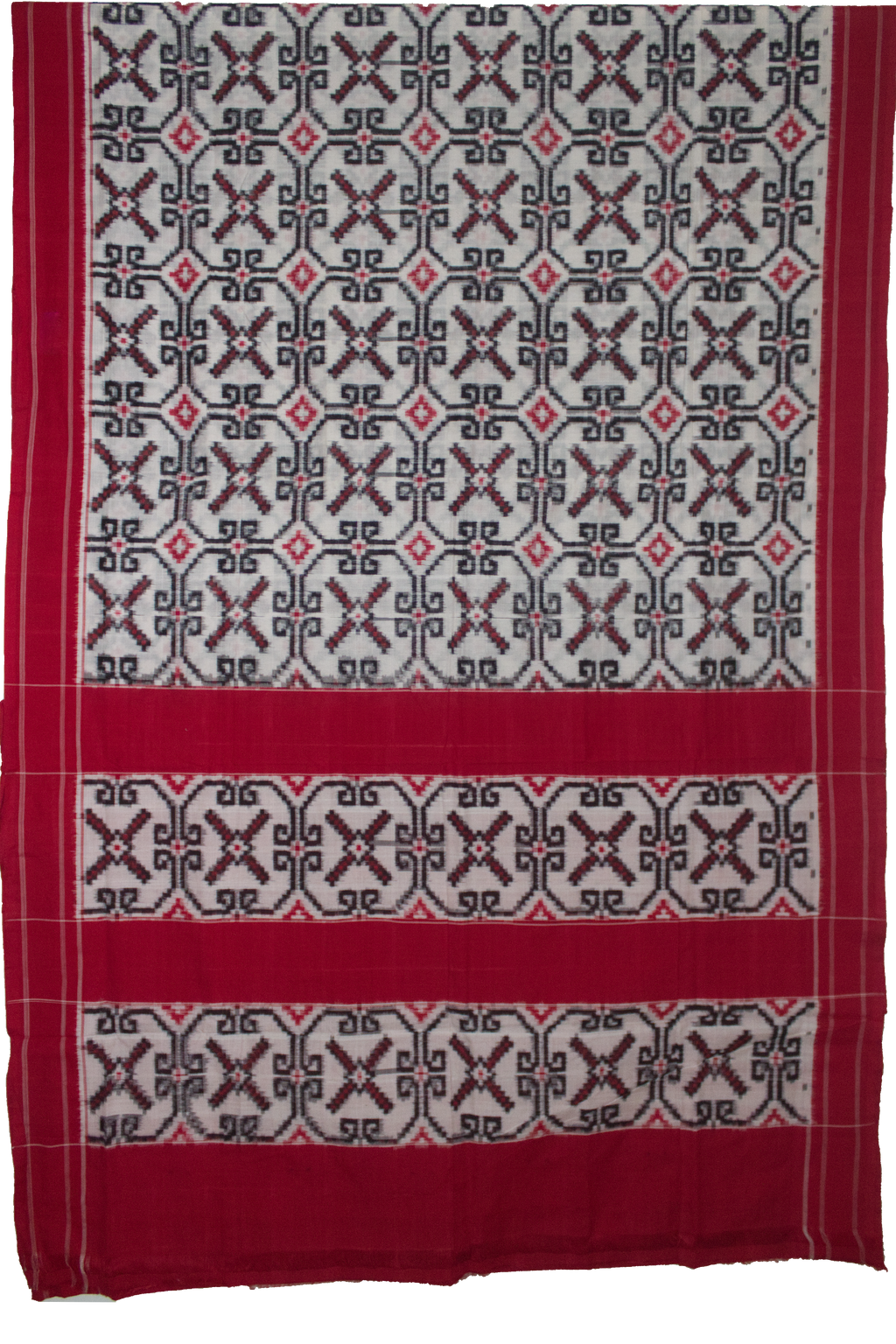Off-White & Crimson Red Geometric Grid Telia Rumal Double Ikat Cotton Saree