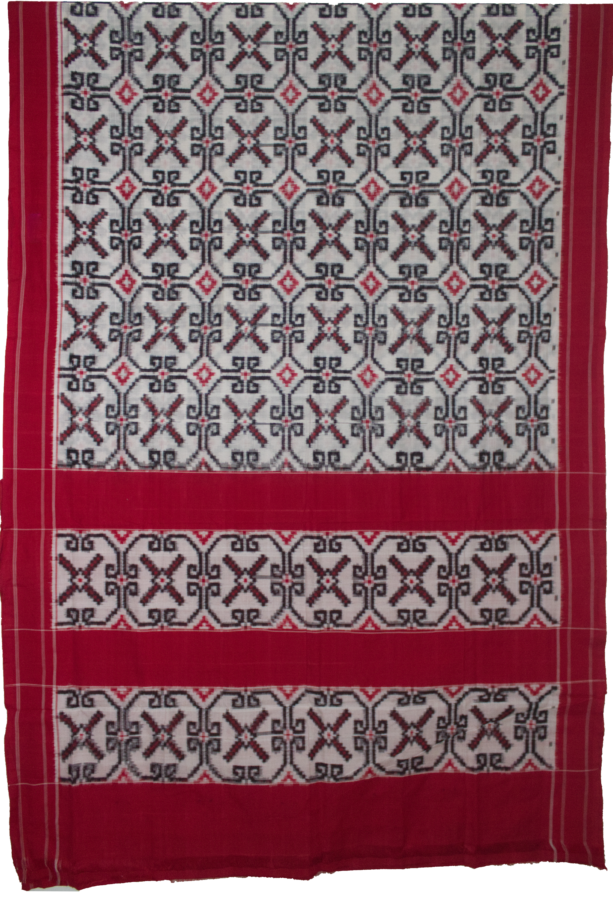 Off-White & Crimson Red Geometric Grid Telia Rumal Double Ikat Cotton Saree