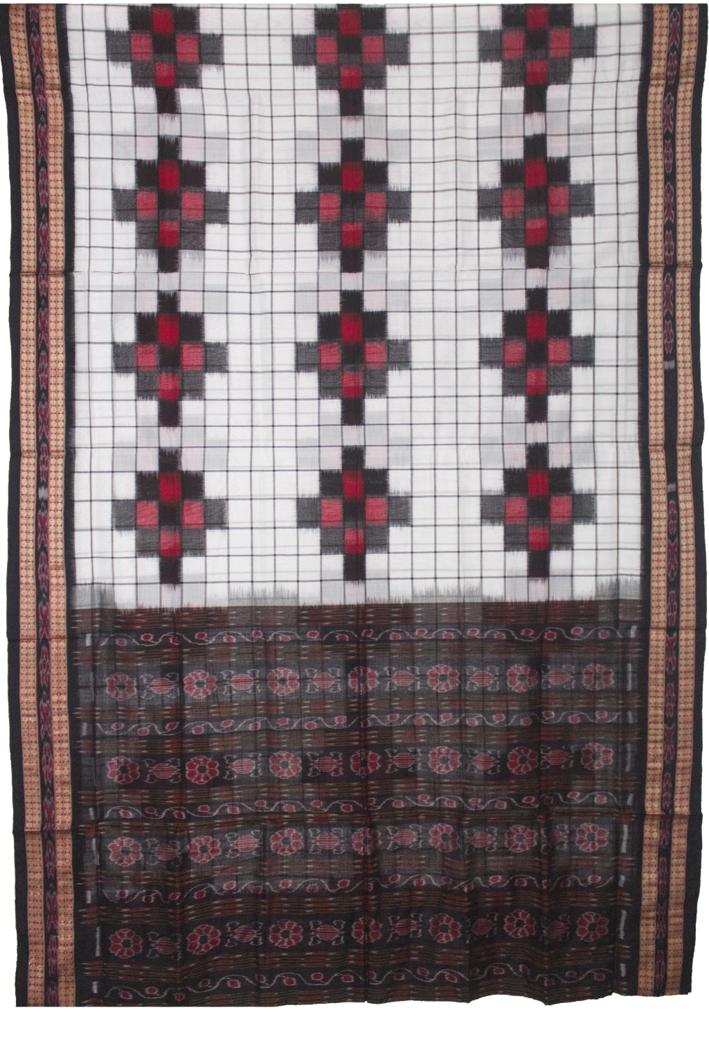 Pearl White & Crimson Red Geometric Sambalpuri Double Ikat Cotton Saree