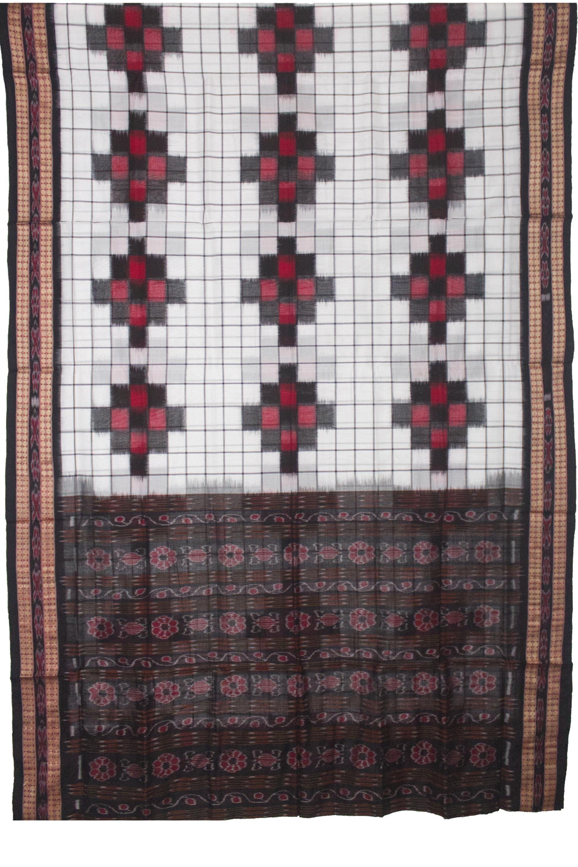 Pearl White & Crimson Red Geometric Sambalpuri Double Ikat Cotton Saree