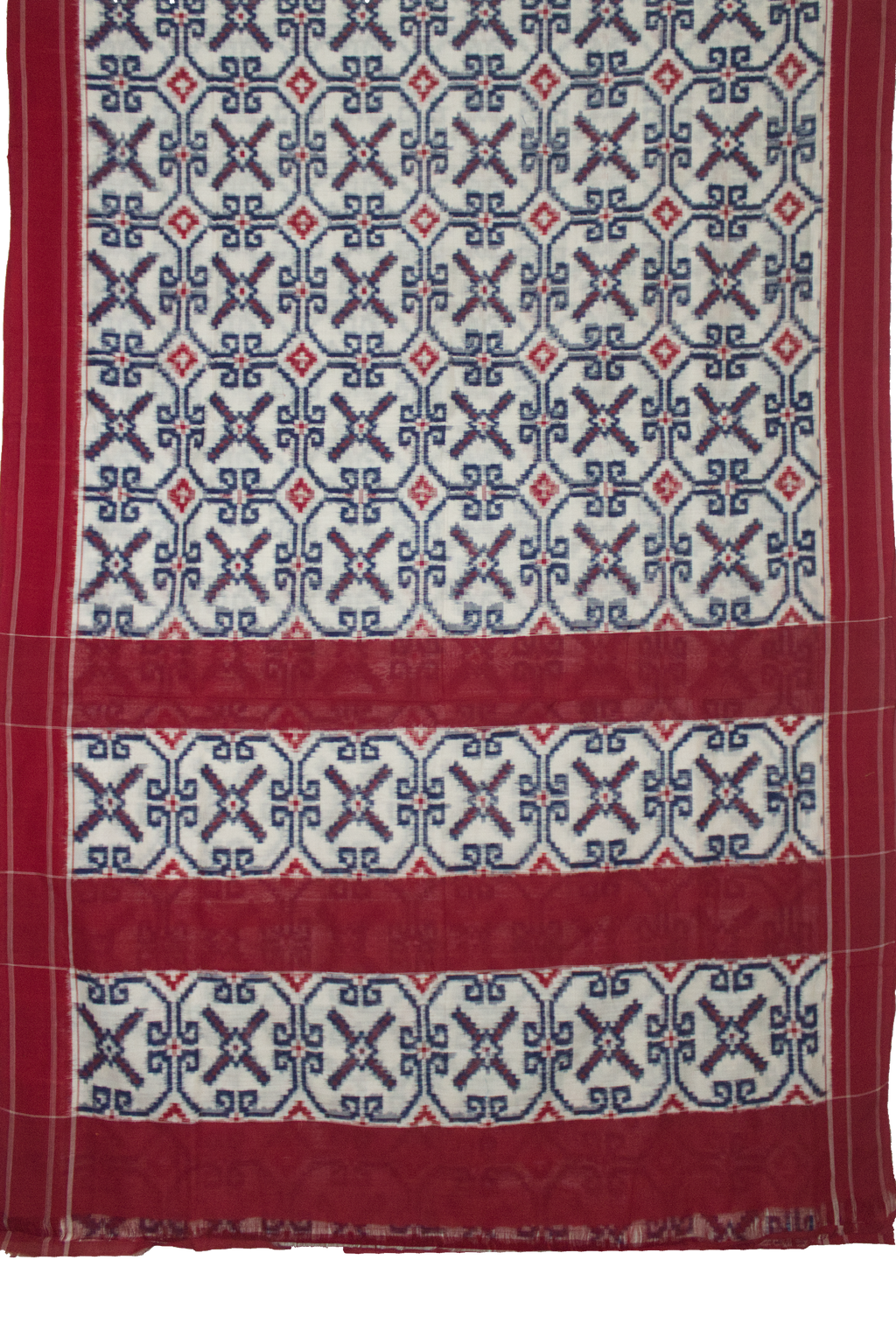 Off-White & Crimson Red Geometric Pochampally Double Ikat Cotton Saree