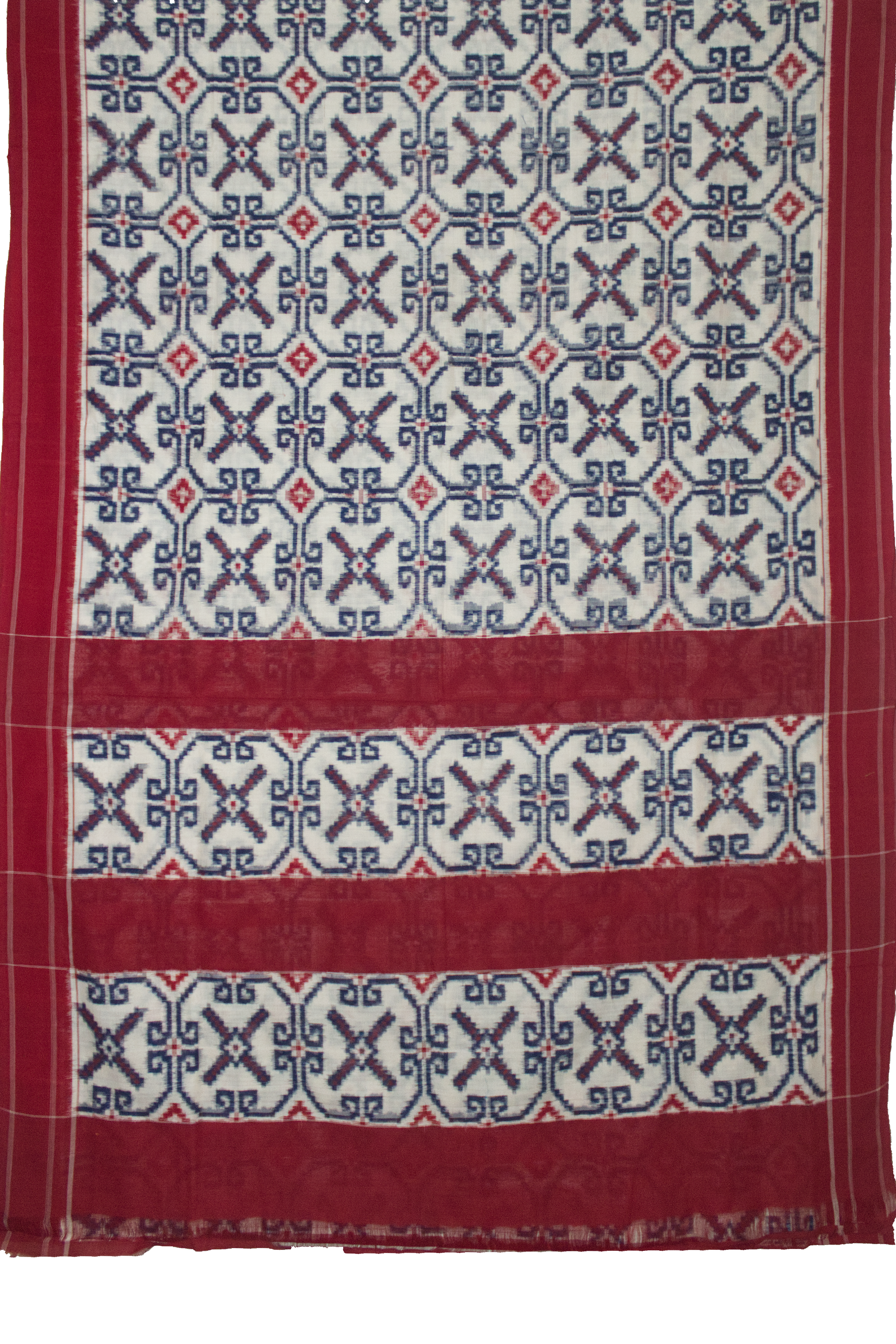 Off-White & Crimson Red Geometric Pochampally Double Ikat Cotton Saree