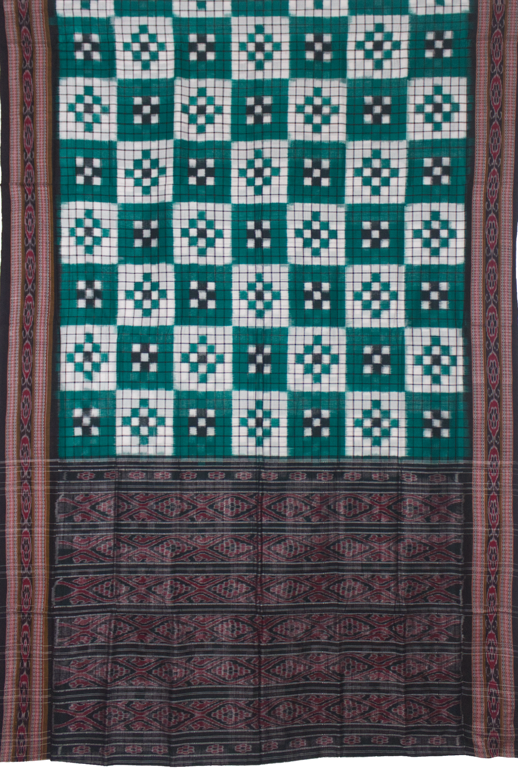 Ethnica Handloom Teal & White Ikat Saree with Maroon Border