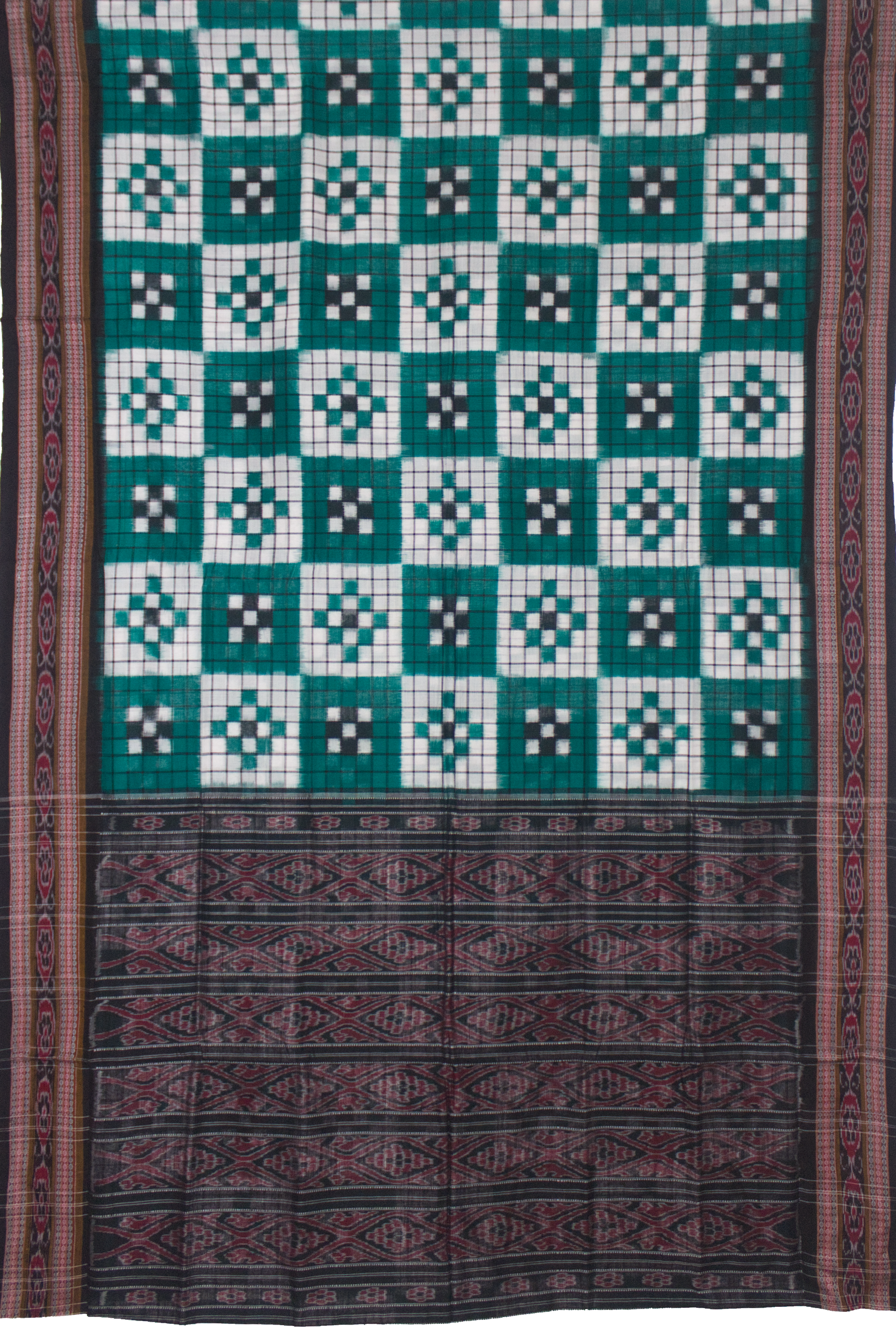 Ethnica Handloom Teal & White Ikat Saree with Maroon Border