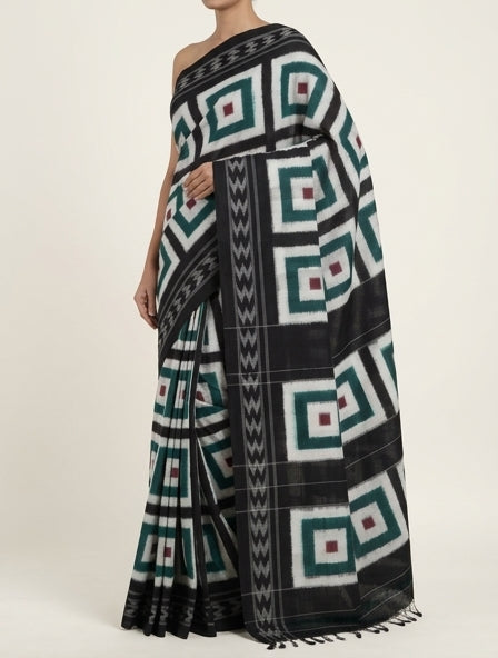 Jet Black & Ivory White Geometric Telia Rumal Double Ikat Cotton Dupatta