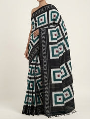Jet Black & Ivory White Geometric Telia Rumal Double Ikat Cotton Dupatta