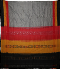 Slate Grey & Crimson Red Geometric Sambalpuri Single Ikat Cotton Saree