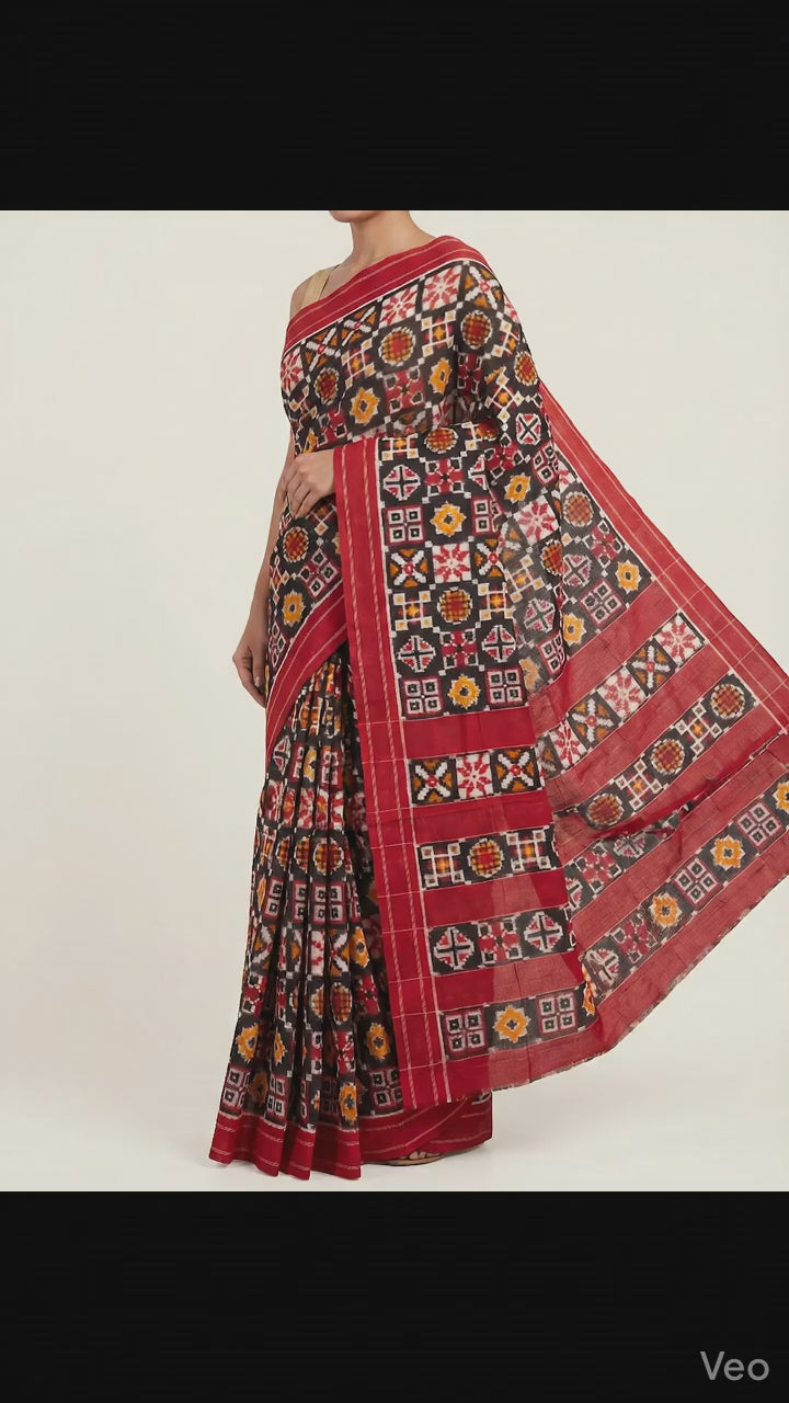 Charcoal Black & Madder Red Geometric Sambalpuri Double Ikat Cotton Saree