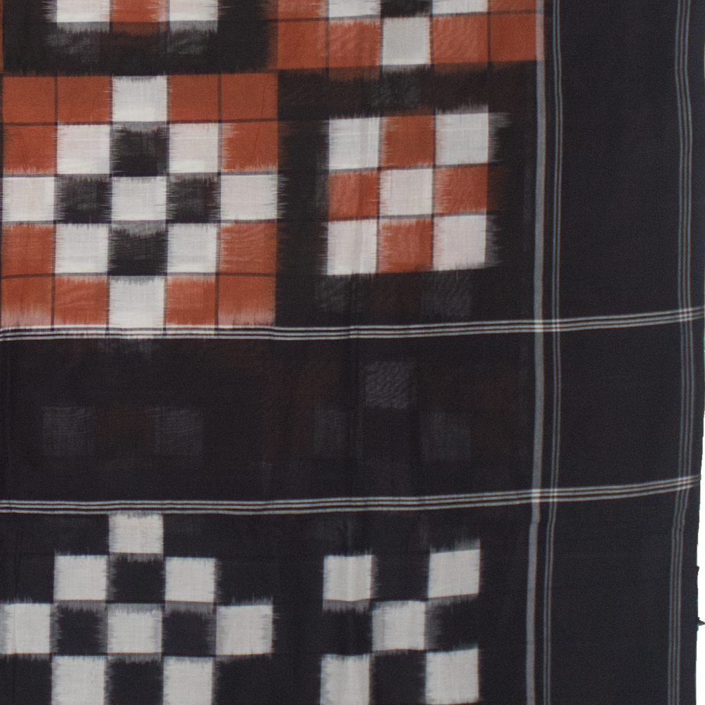 Ethnica Handwoven Ikat Checkered Cotton Saree - Black & Rust