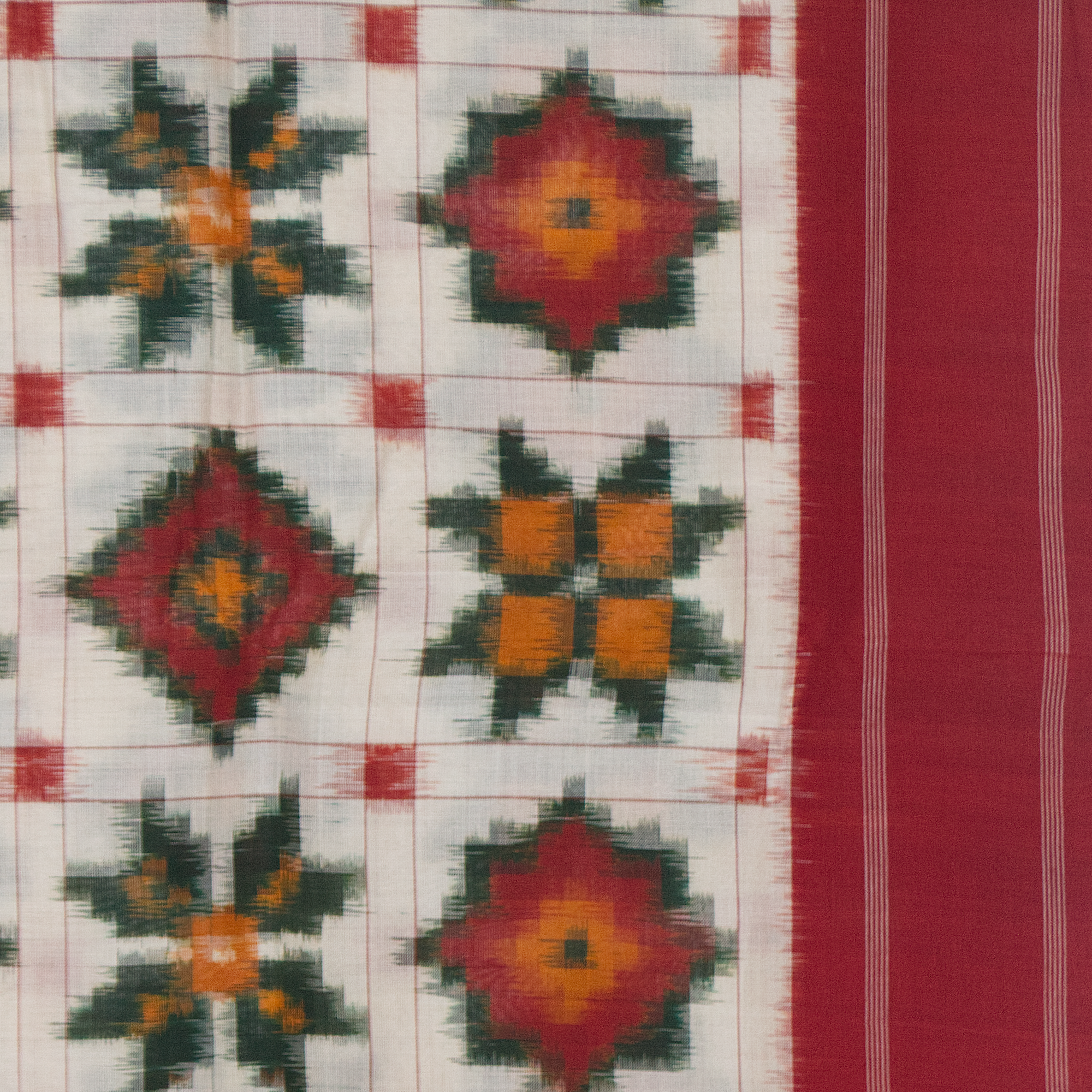 Off White & Crimson Red Floral Grid Telia Rumal Double Ikat Cotton Saree