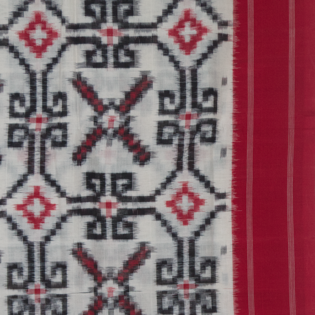 Off-White & Crimson Red Geometric Grid Telia Rumal Double Ikat Cotton Saree