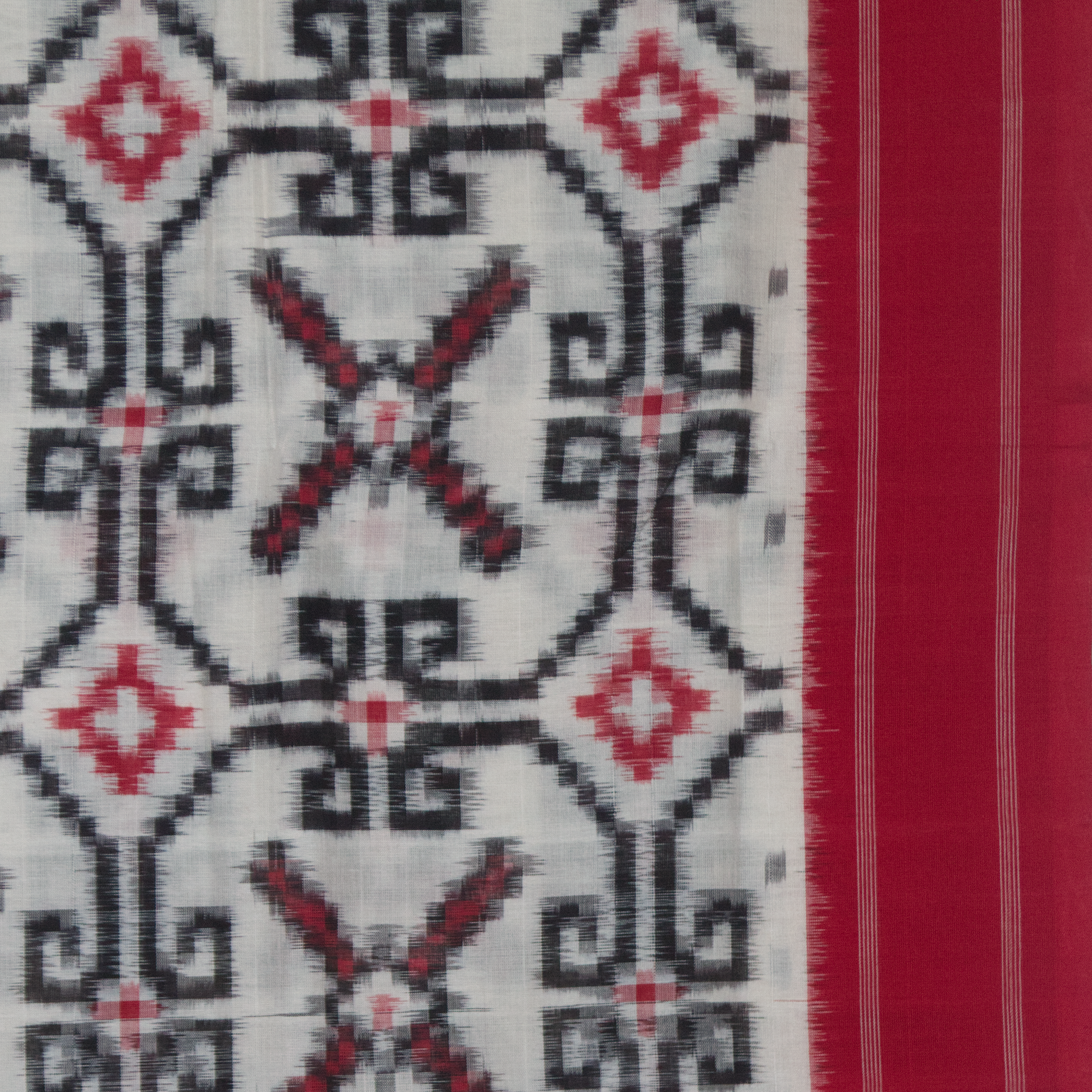 Off-White & Crimson Red Geometric Grid Telia Rumal Double Ikat Cotton Saree